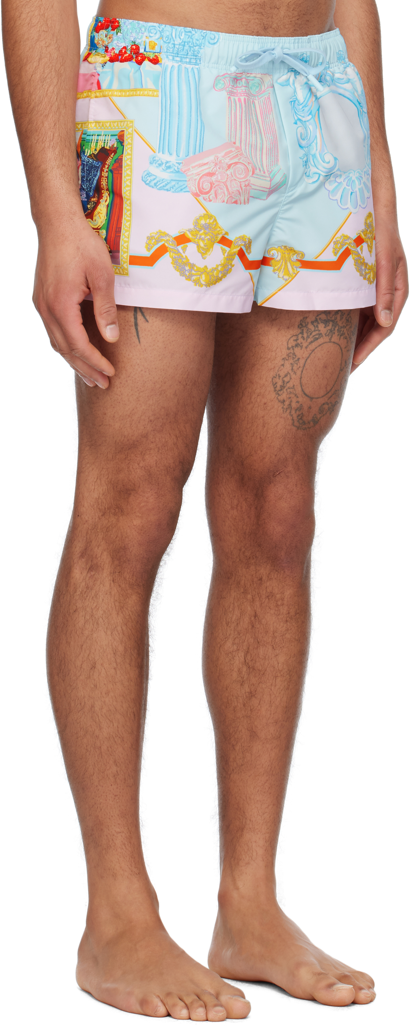 Versace Silk Twill Shorts With Vibrant Classical Motifs In 5x590-pastel Blue+pa