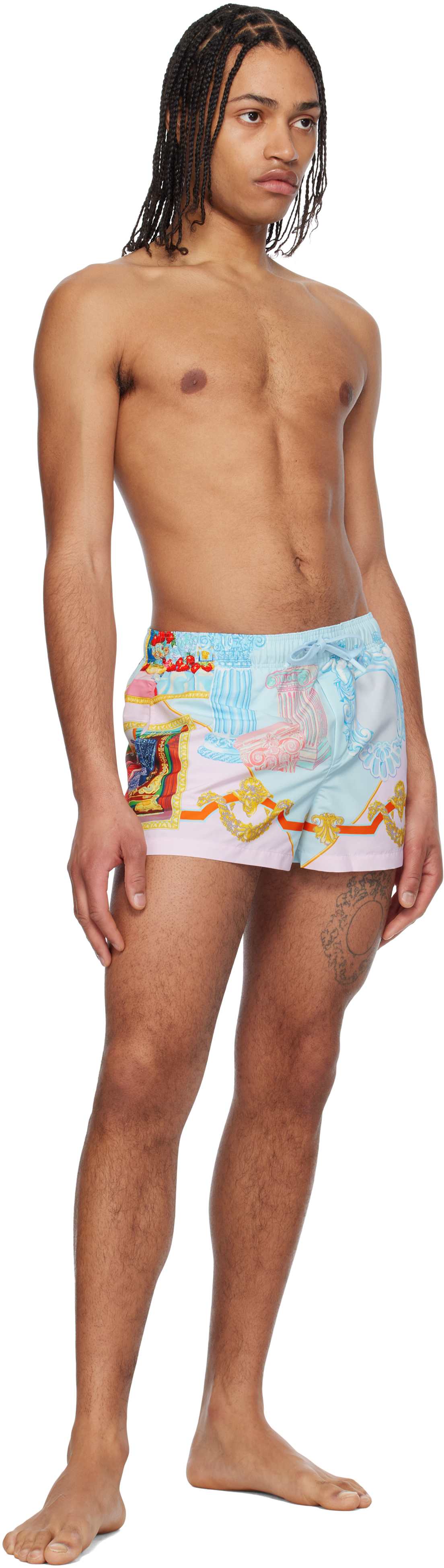 Versace Silk Twill Shorts With Vibrant Classical Motifs In 5x590-pastel Blue+pa