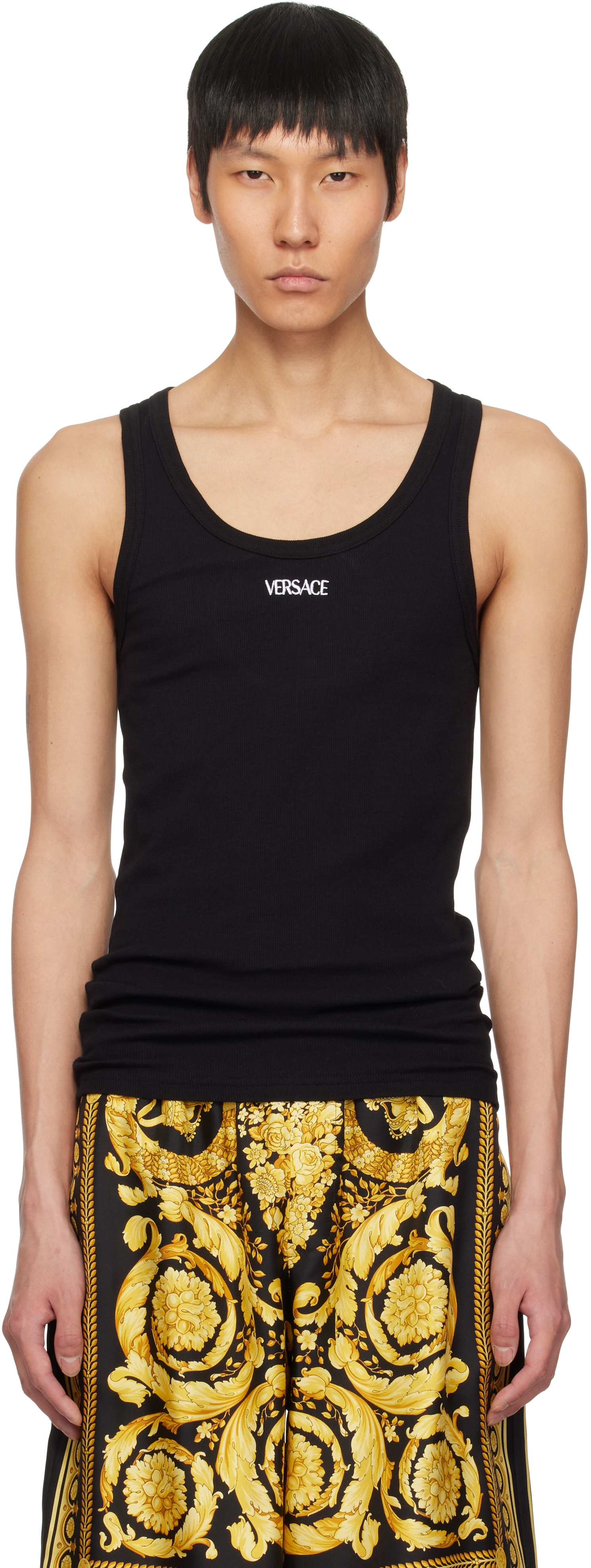 【関税込み】Versace Underwear ブラック Swim Tシャツ Black Logo Ribbed Tank Top by Versace Underwear on Sale