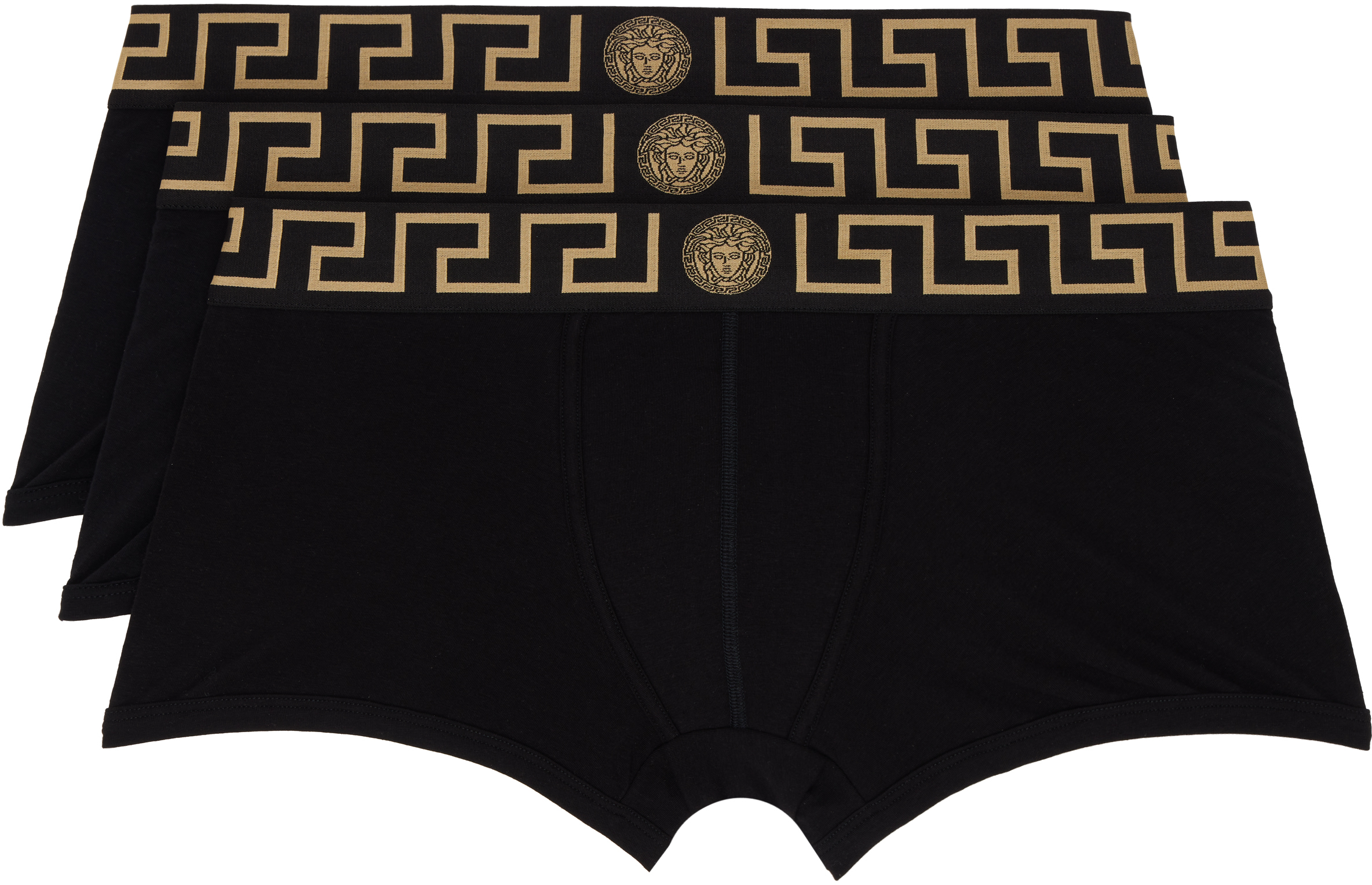 Versace Three-pack Black Greca Border Boxer Briefs In A80g-black Gold Gree