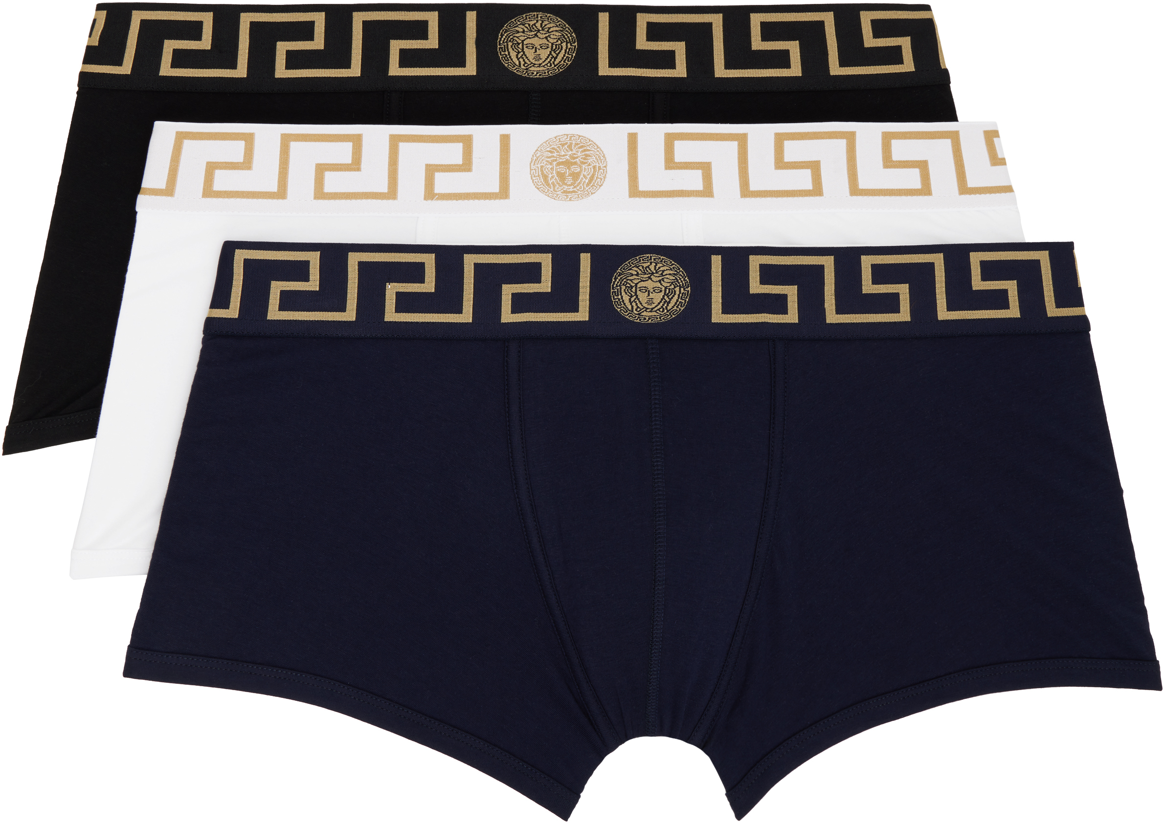 Versace Three-pack Multicolor Greca Border Boxer Briefs In A4345-black-blue-whi
