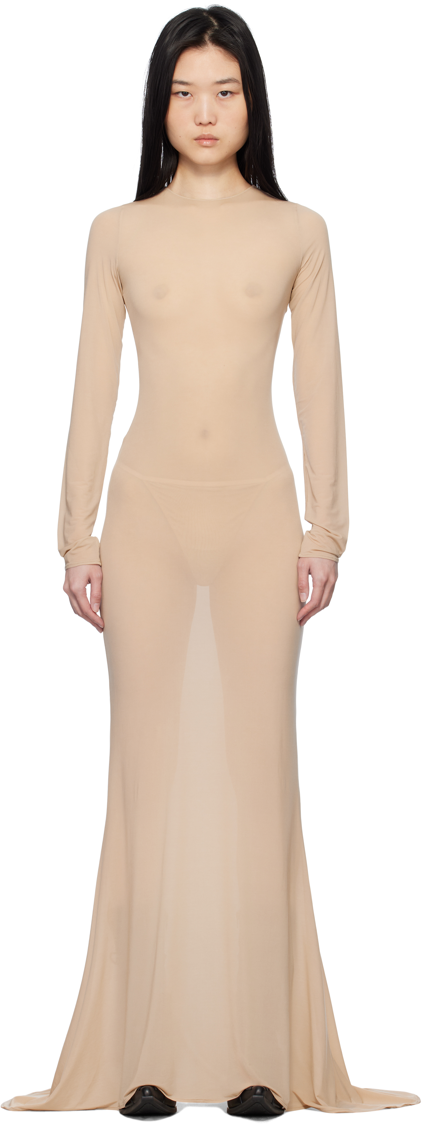 Robe longue beige en jersey semi-transparent