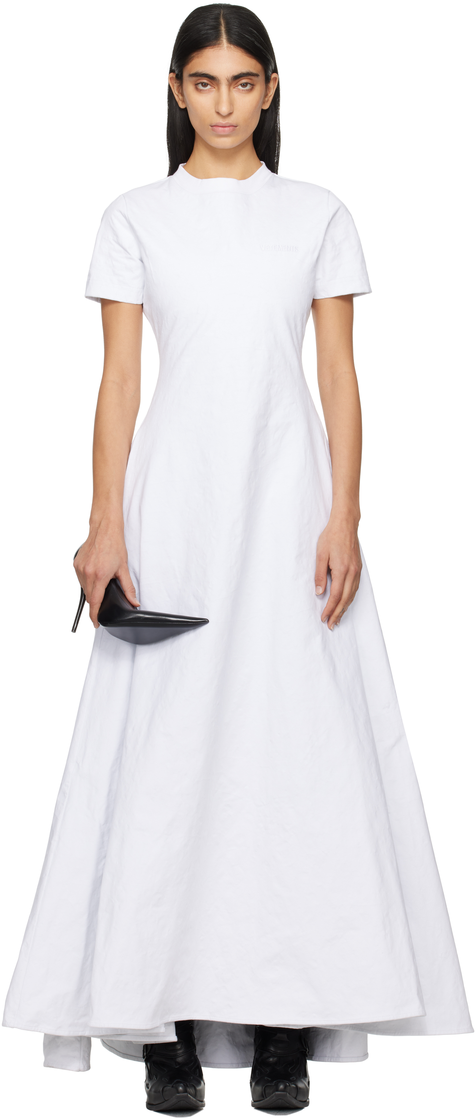 White Metalized Wrinkled Logo Embroidered T-Shirt Maxi Dress