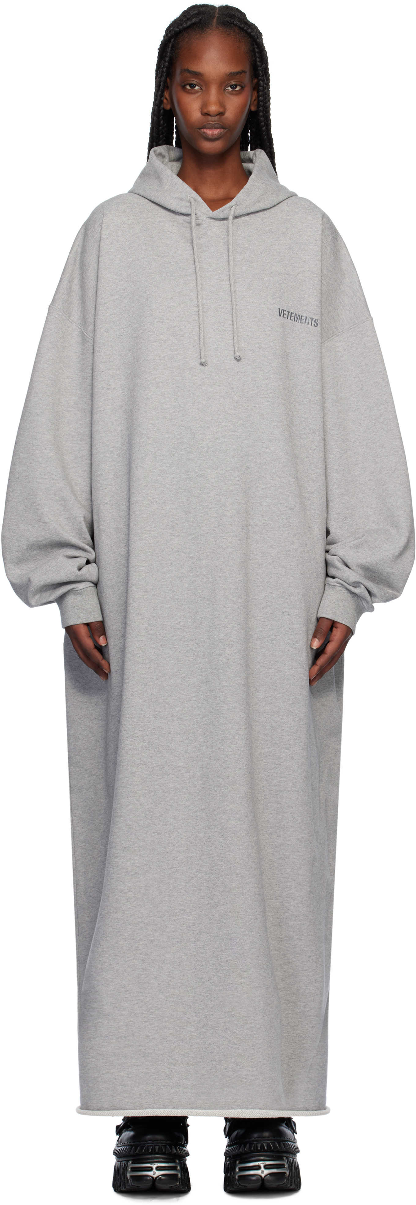 Gray Embroidered Logo Hoodie Maxi Dress