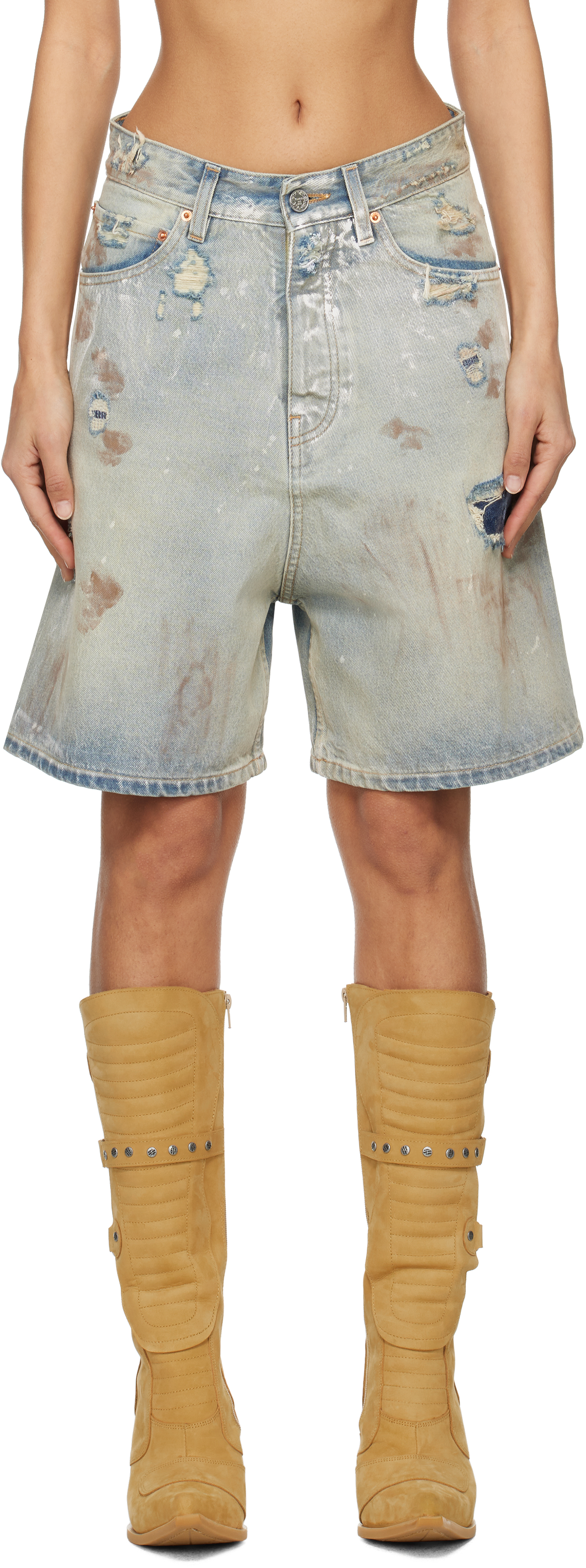 Blue Trashed Denim Shorts