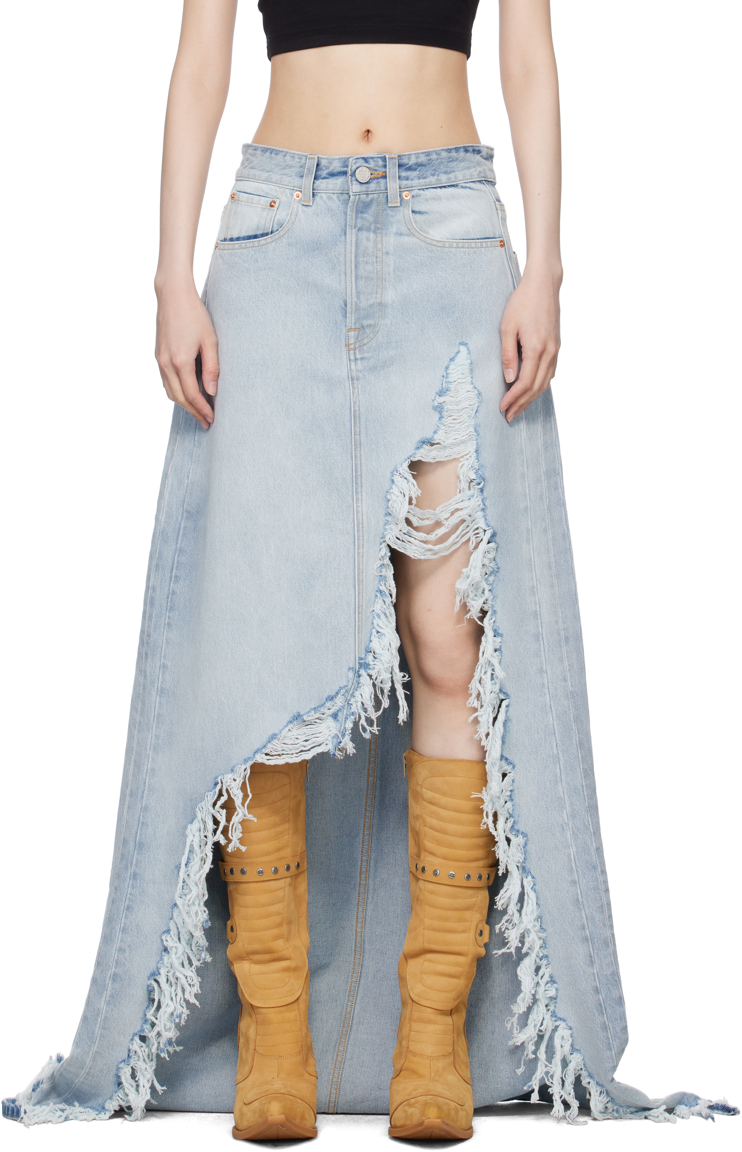 Blue Destroyed Denim Maxi Skirt