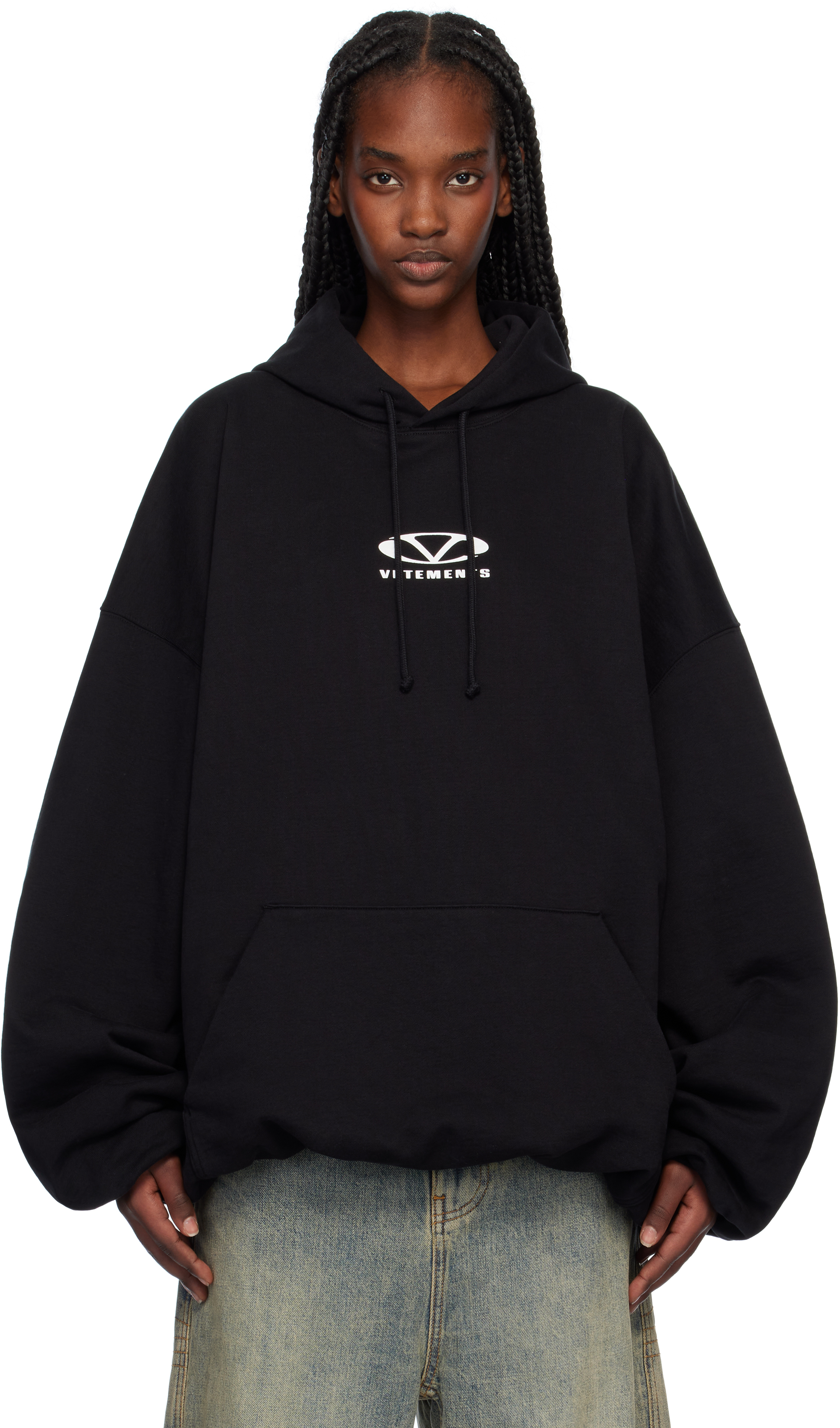 Black Oval Logo Cropped Boxy Hoodie