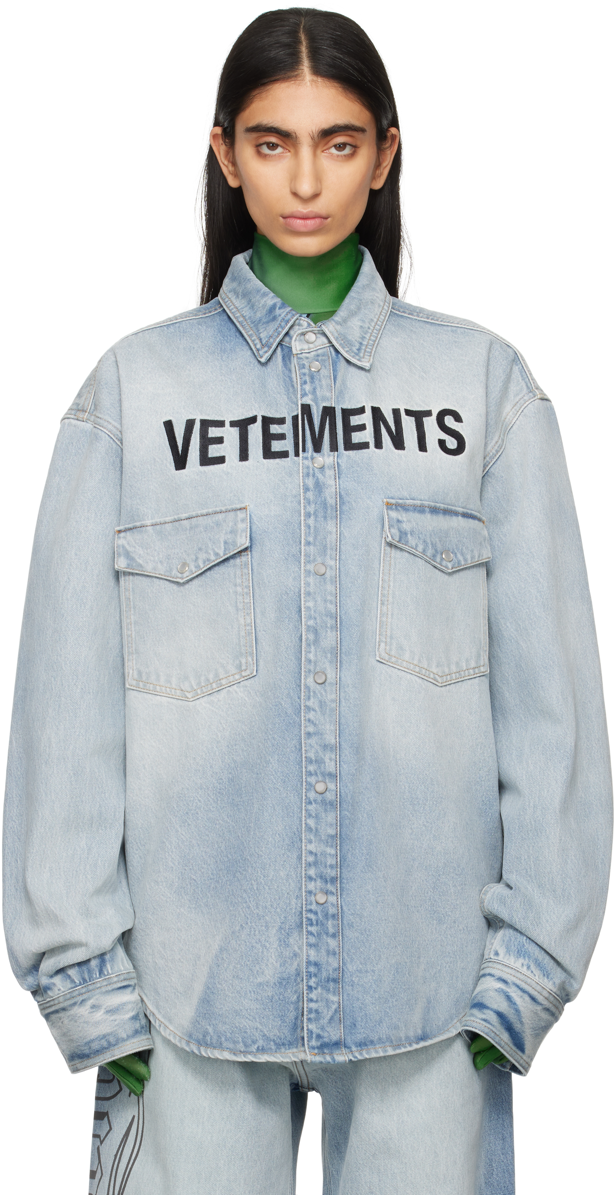 Blue Embroidered Logo Denim Shirt