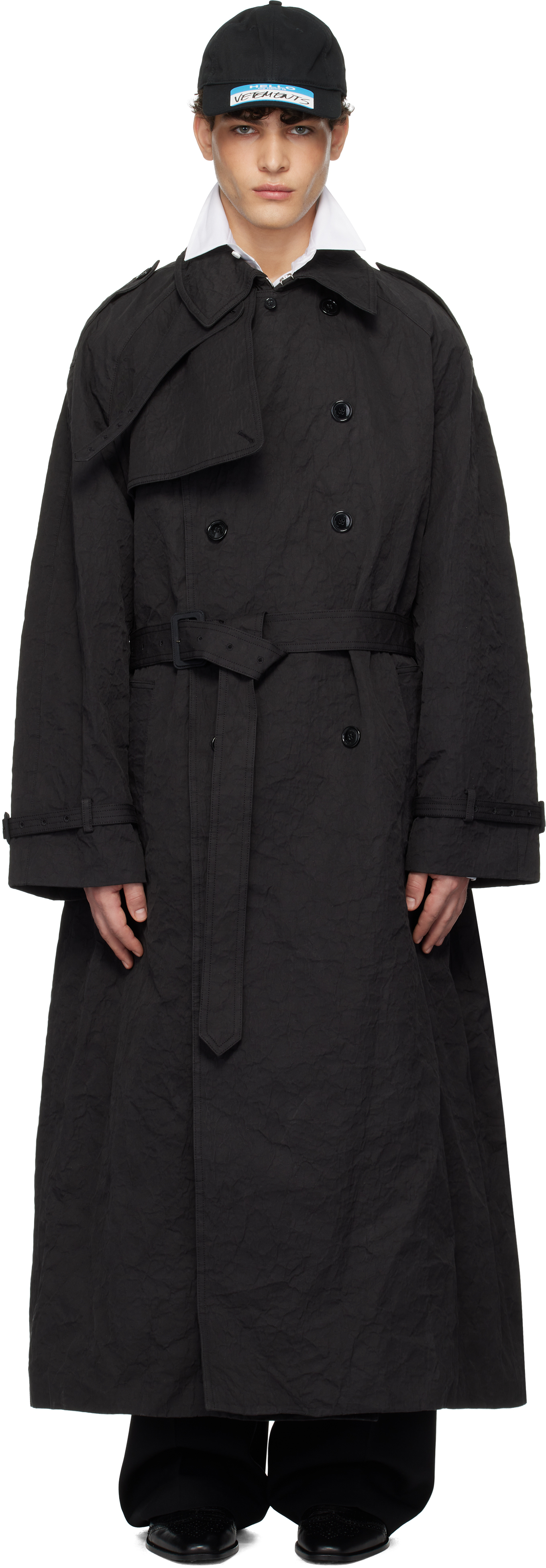 Black Metalized Wrinkled Trench Coat