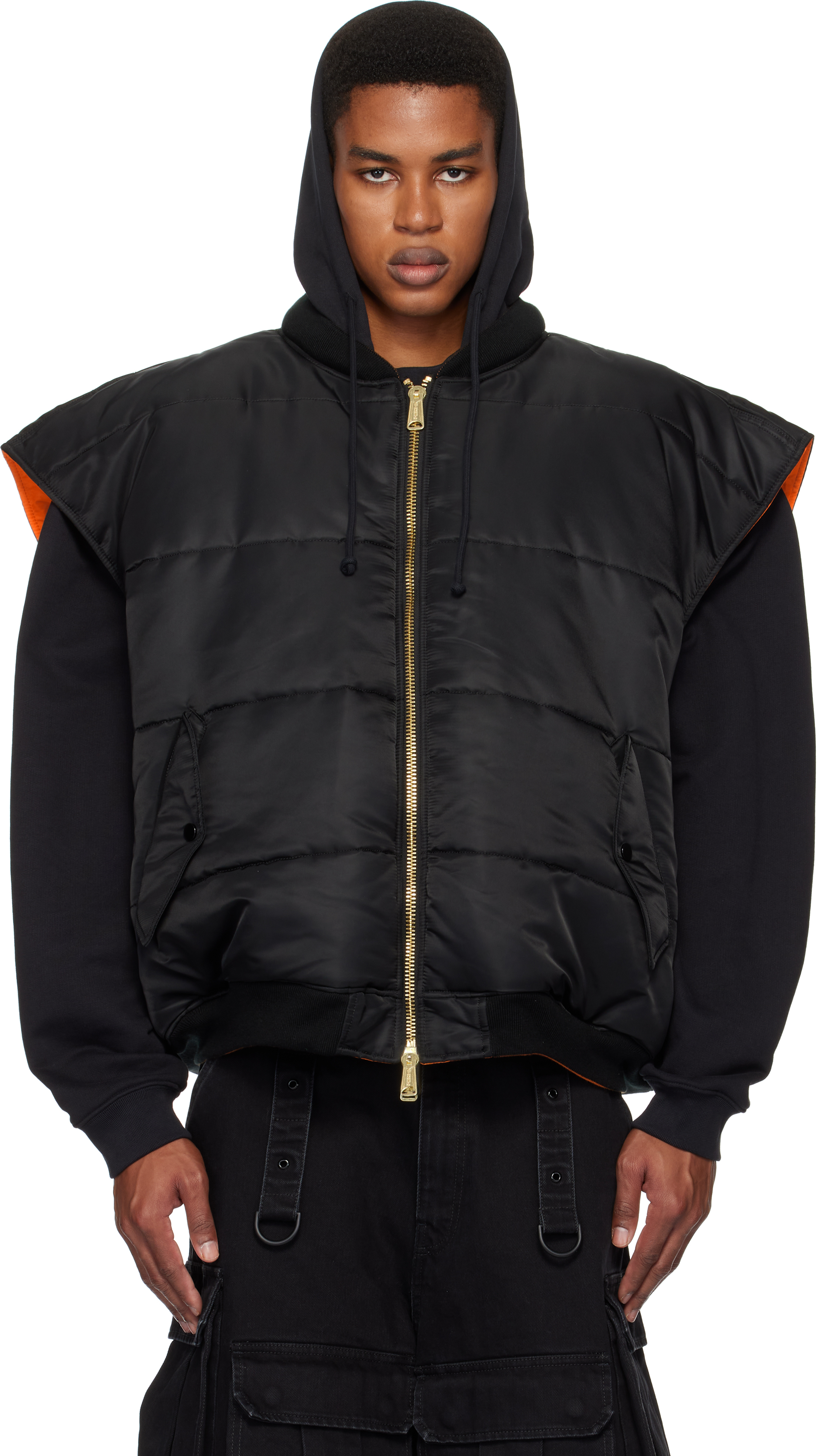 Black & Orange Logo Reversible Bomber Vest