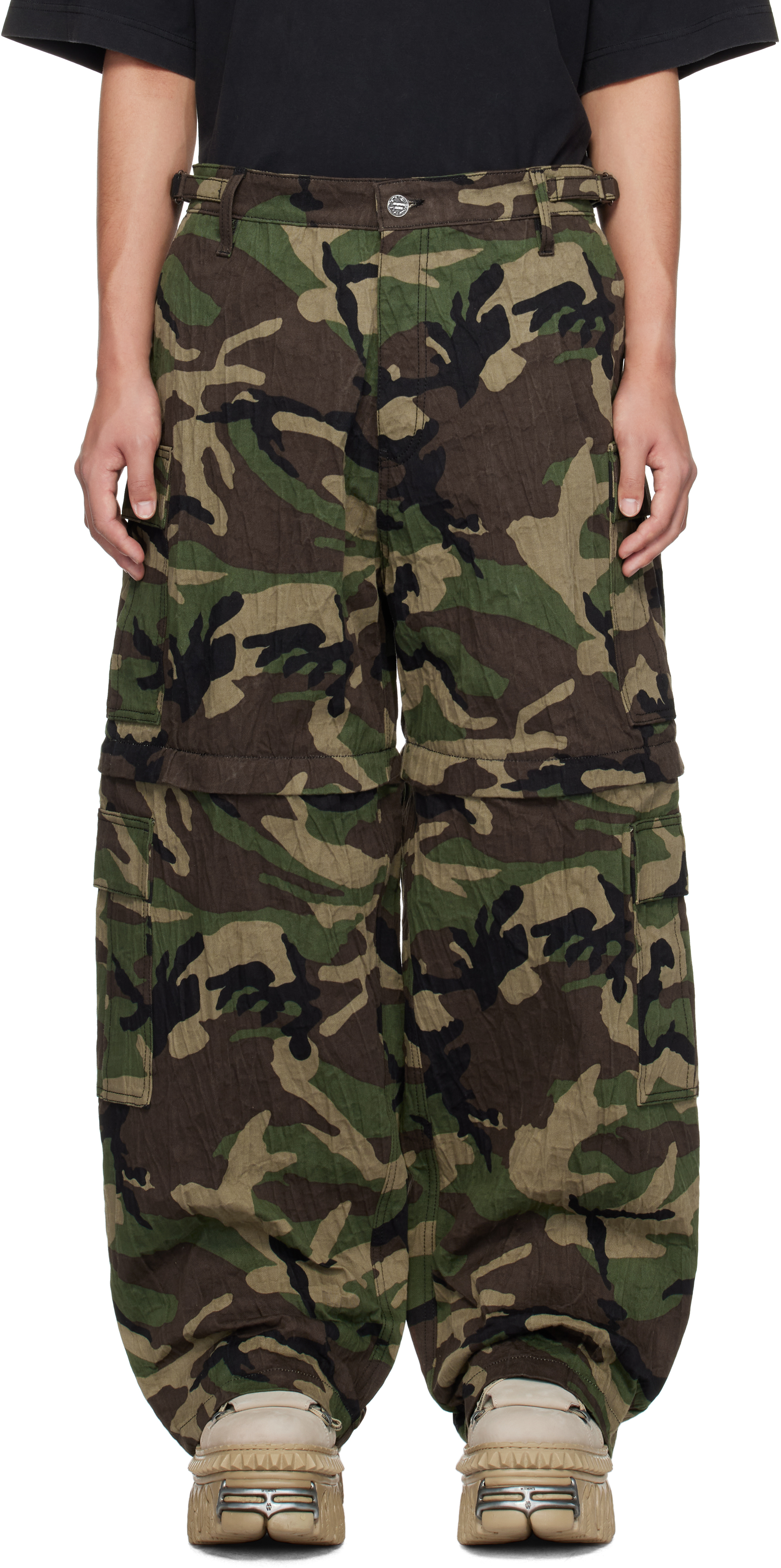 Khaki Runway Metalized Wrinkled Cargo Pants