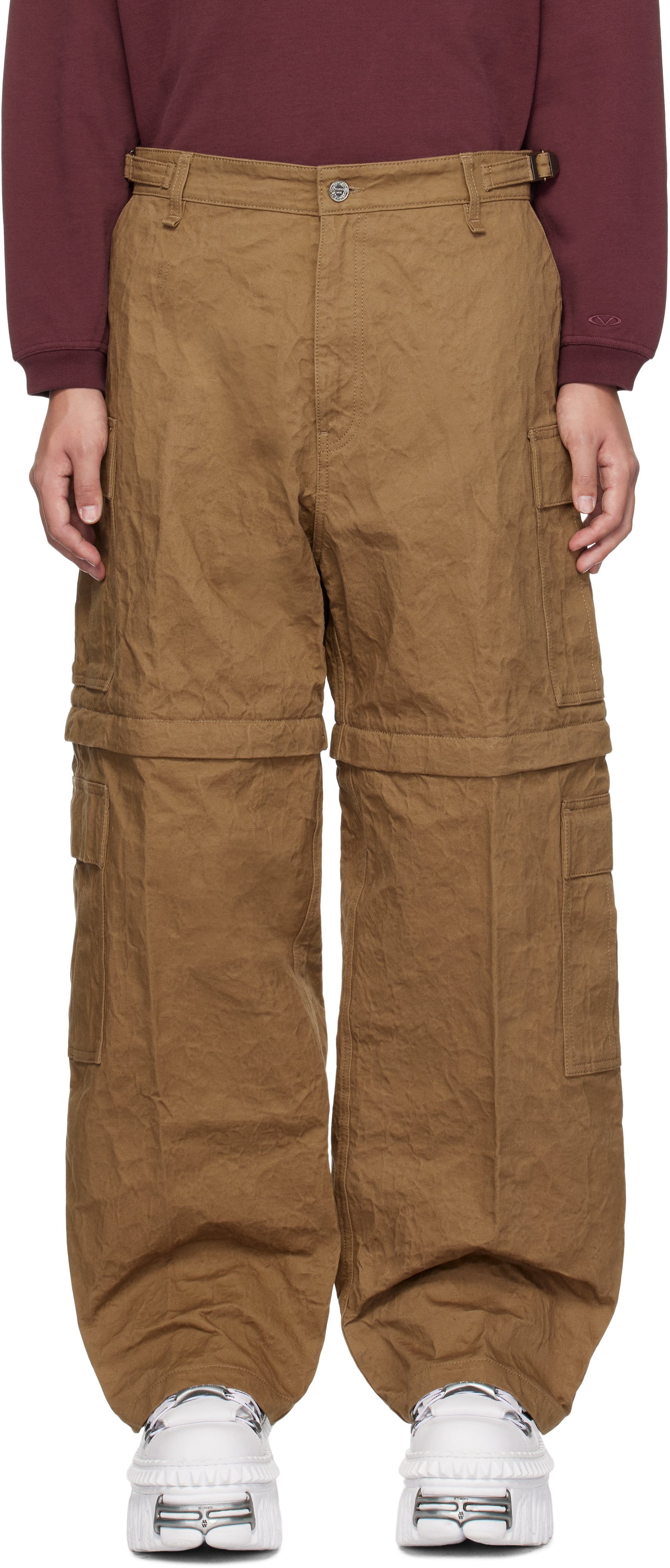 Beige Metalized Wrinkled Cargo Pants