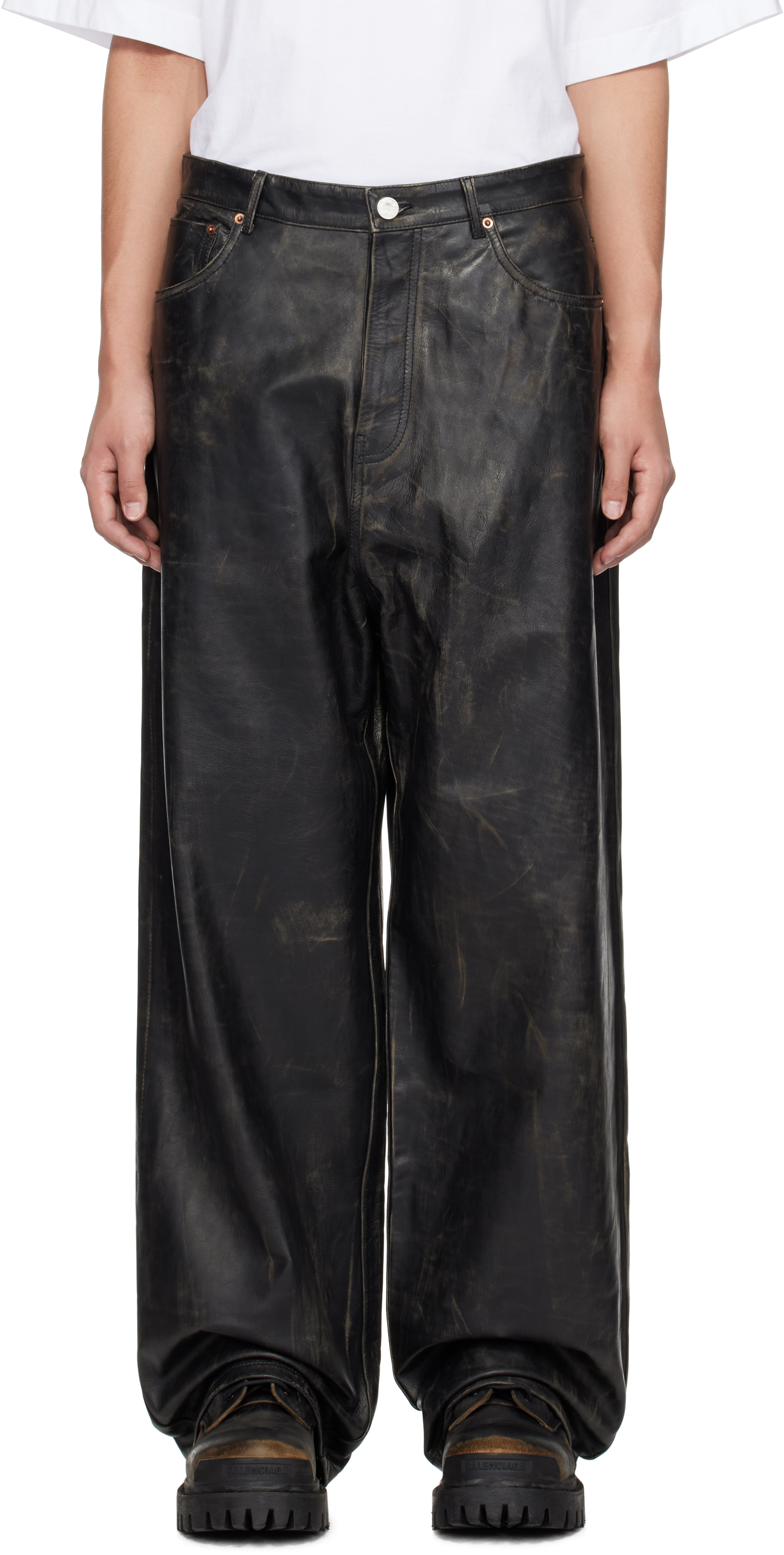 Black Distressed Leather Pants