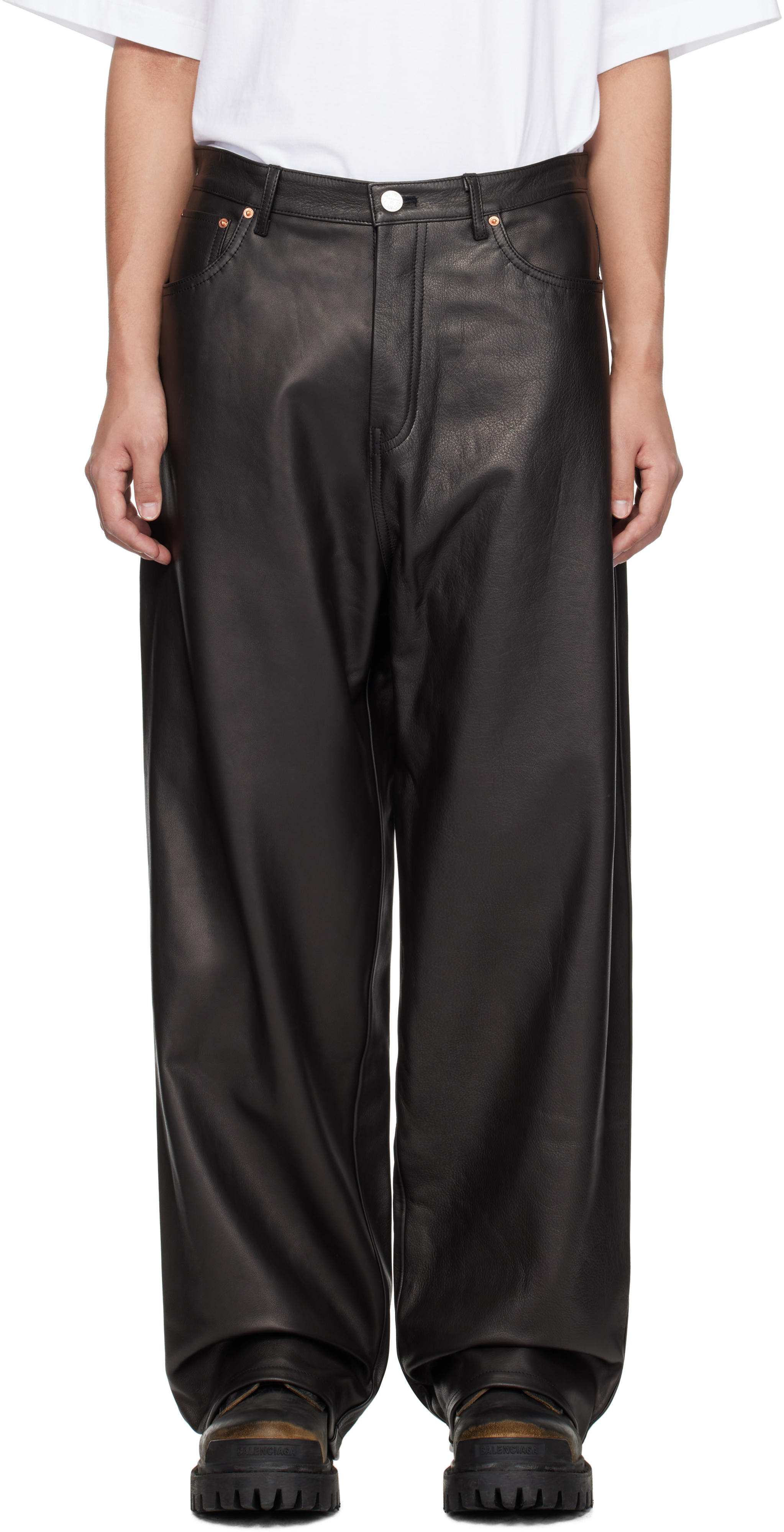 Black Grained Leather Pants