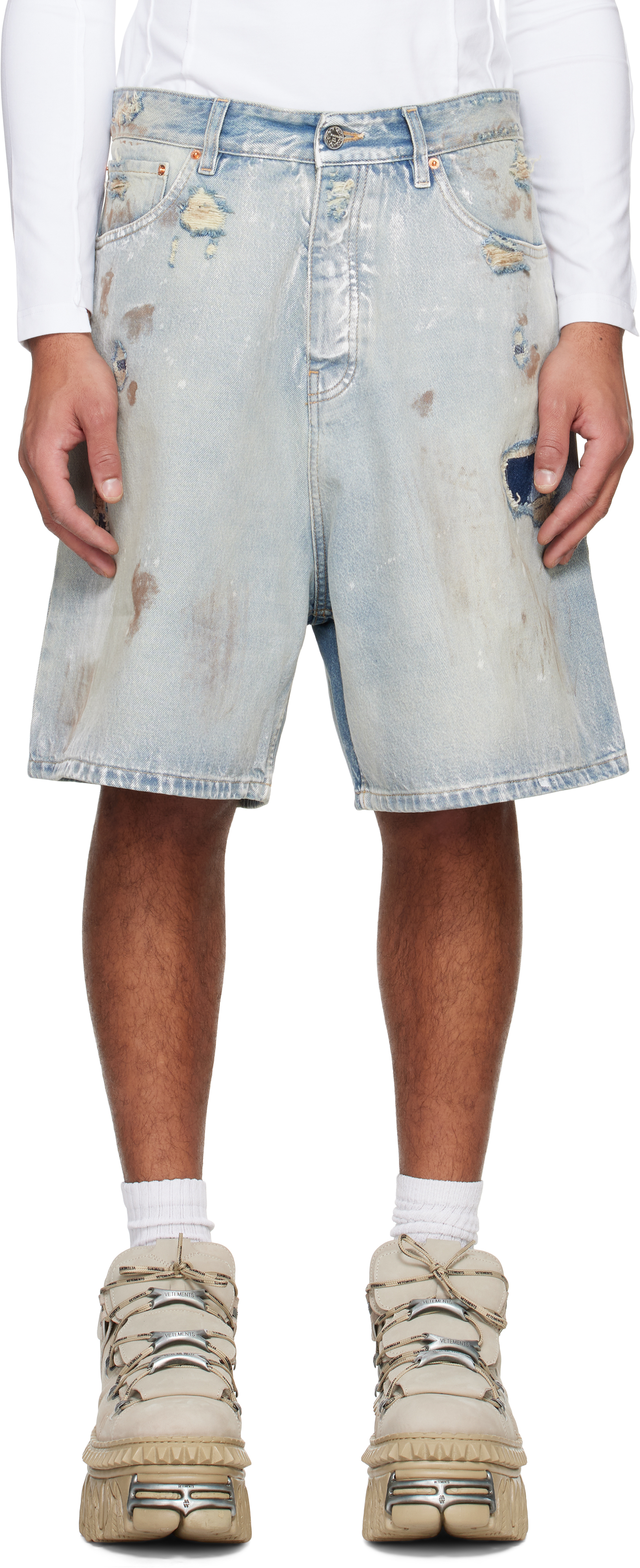 Blue Trashed Denim Shorts