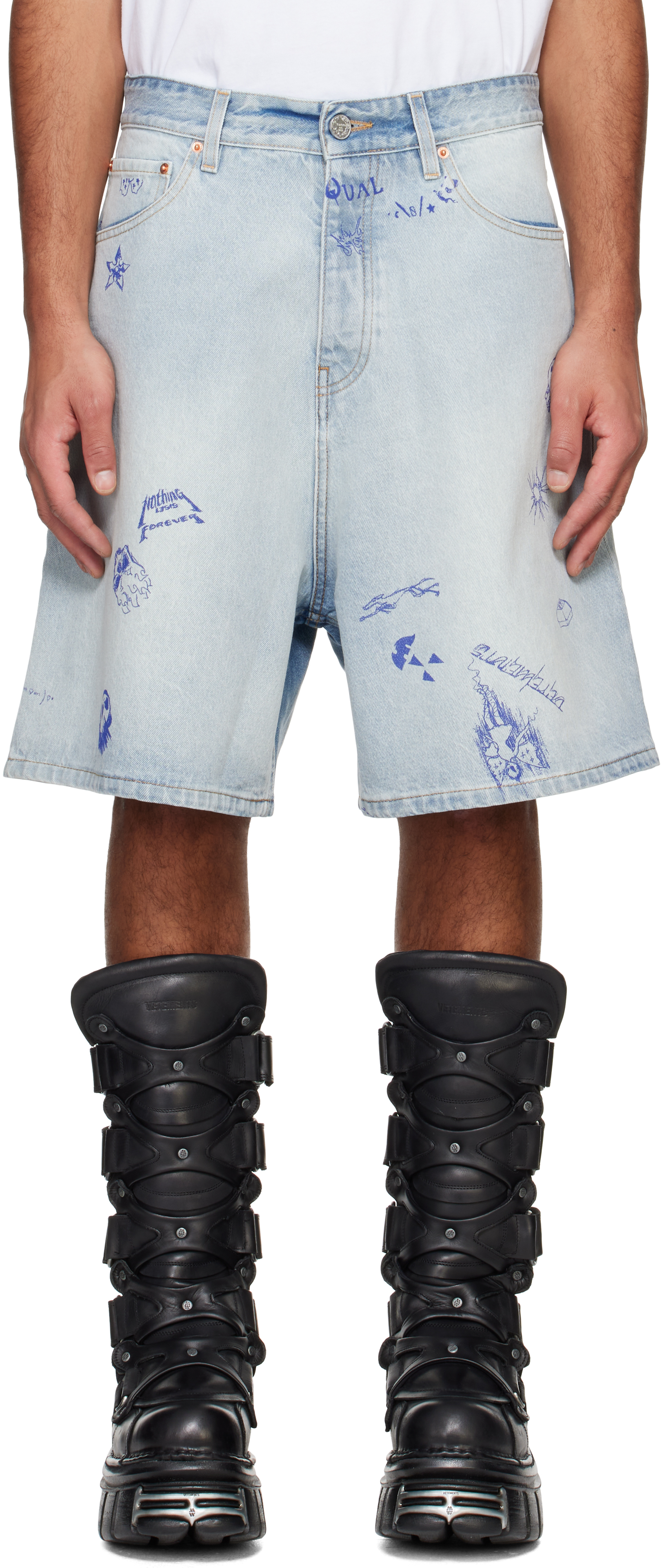 Blue Scribbled Denim Shorts