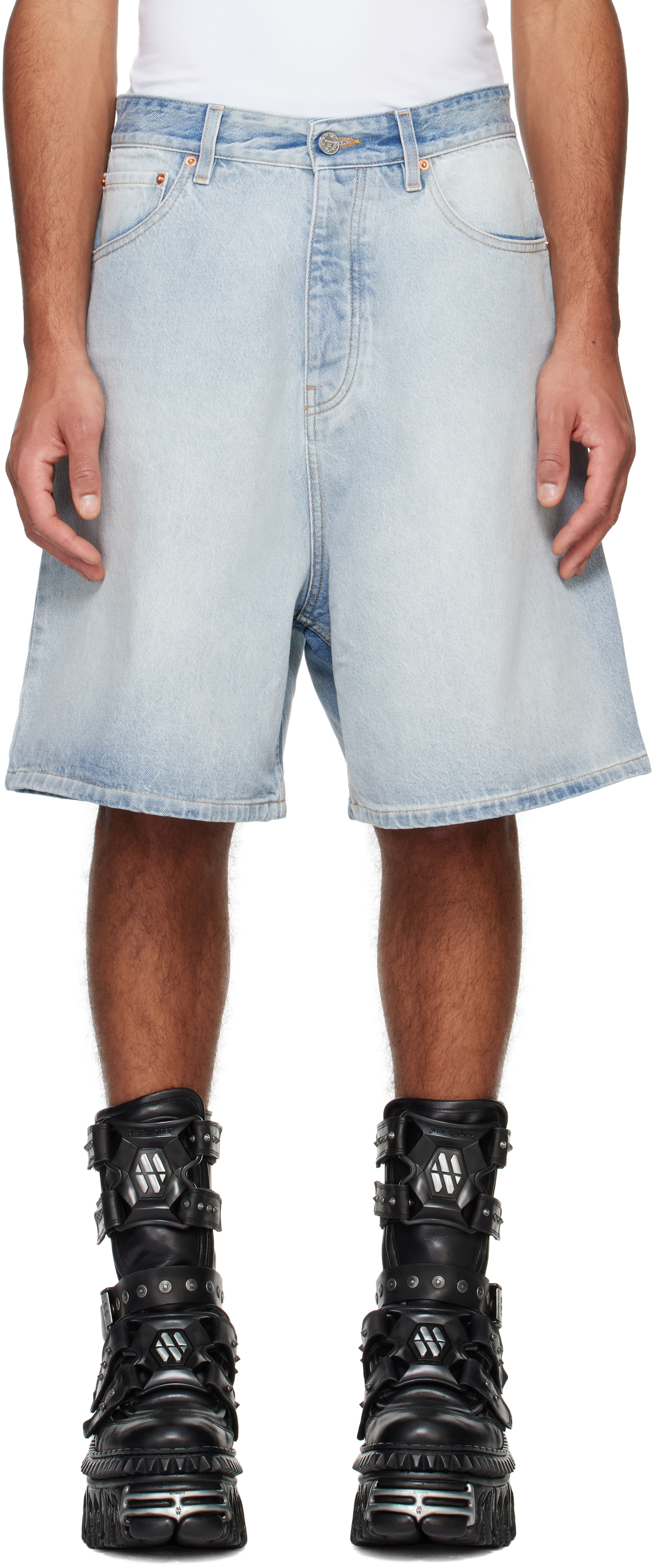 Blue Button-Fly Denim Shorts