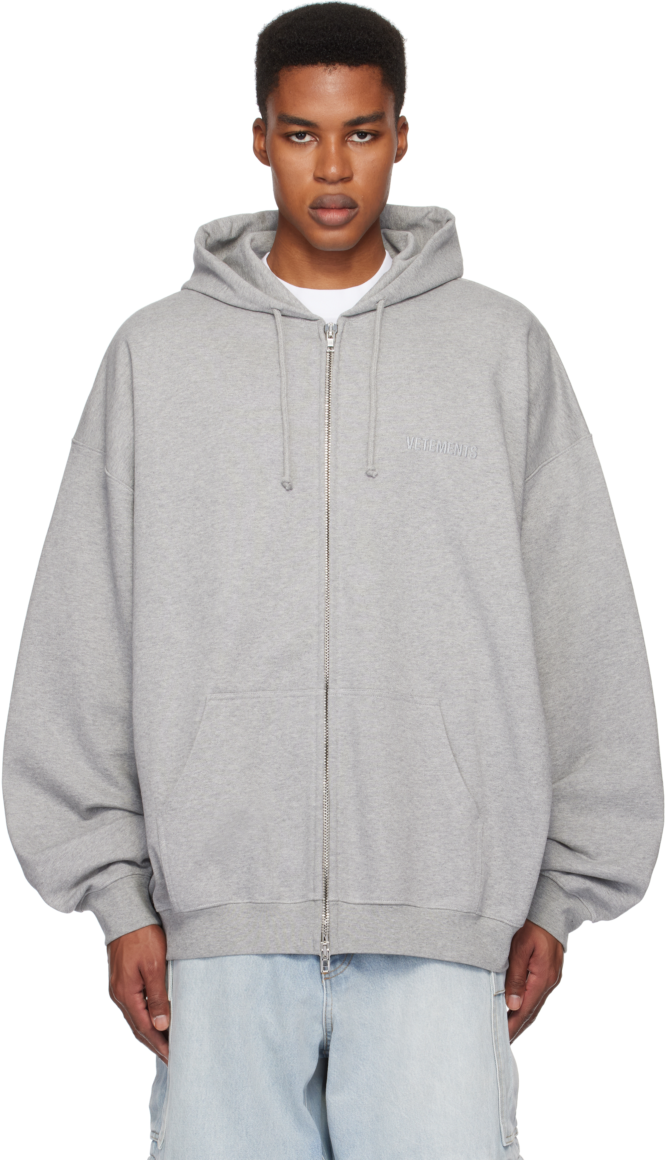 Gray Embroidered Logo Oversized Zip-Up Hoodie