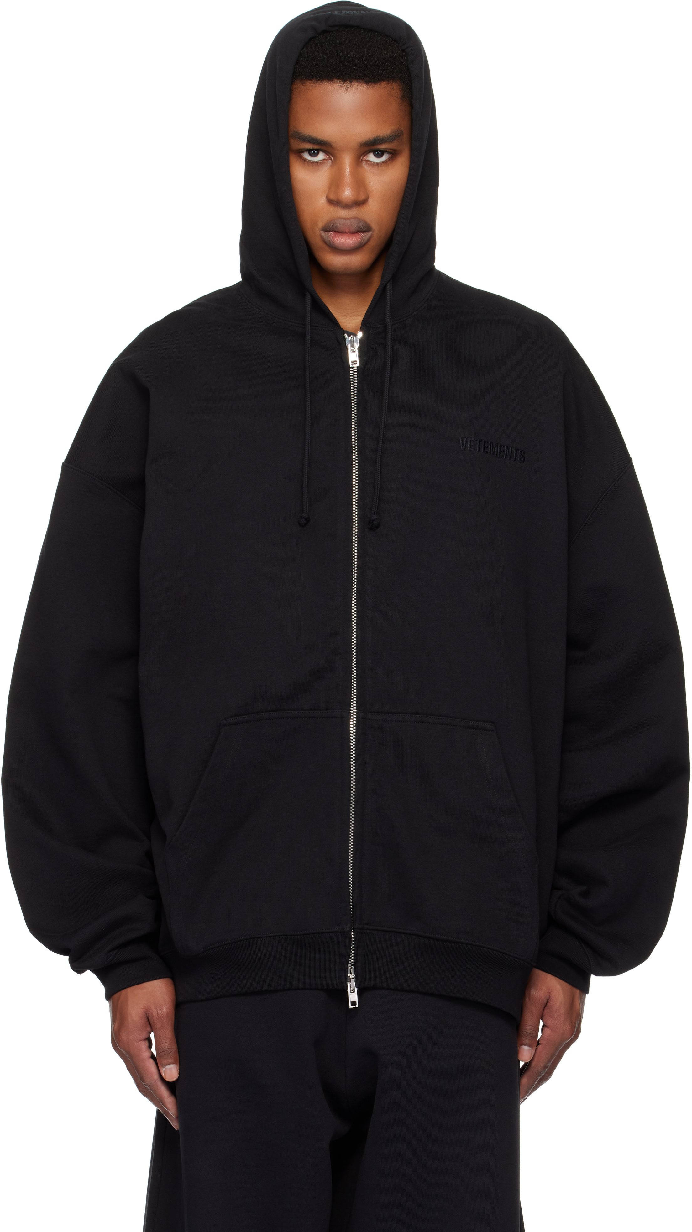 Black Embroidered Logo Oversized Zip-Up Hoodie