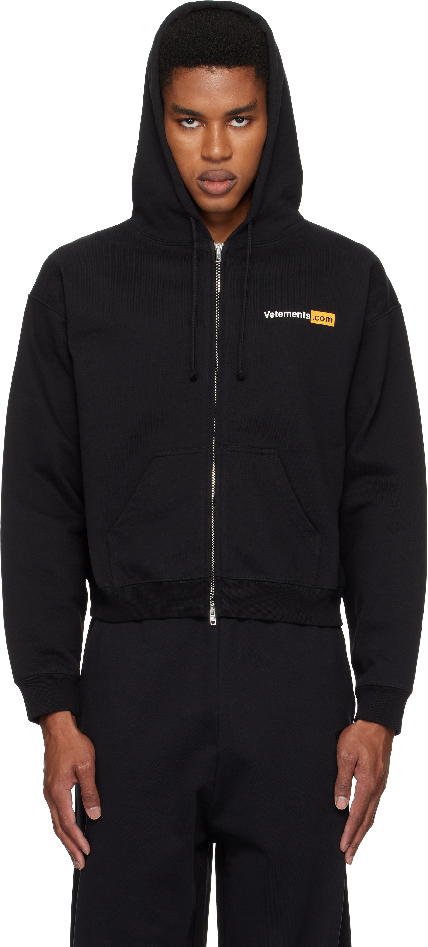 Black 'Vetements. com' Fitted Zip-Up Hoodie