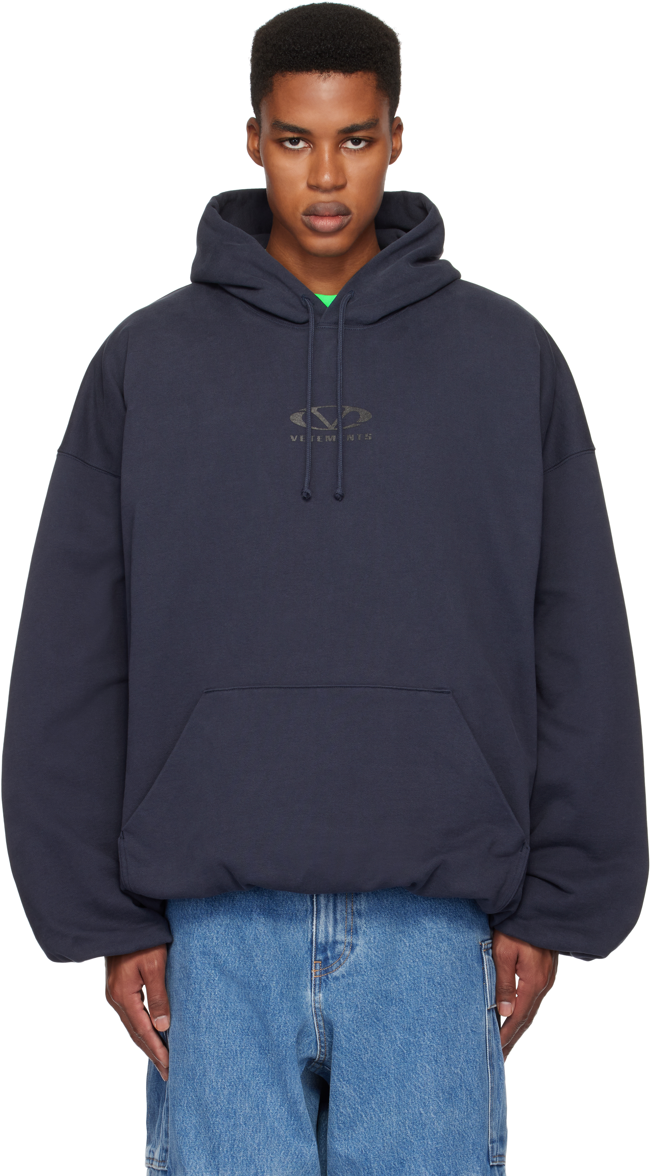 Navy Oval Logo Cropped Boxy Hoodie