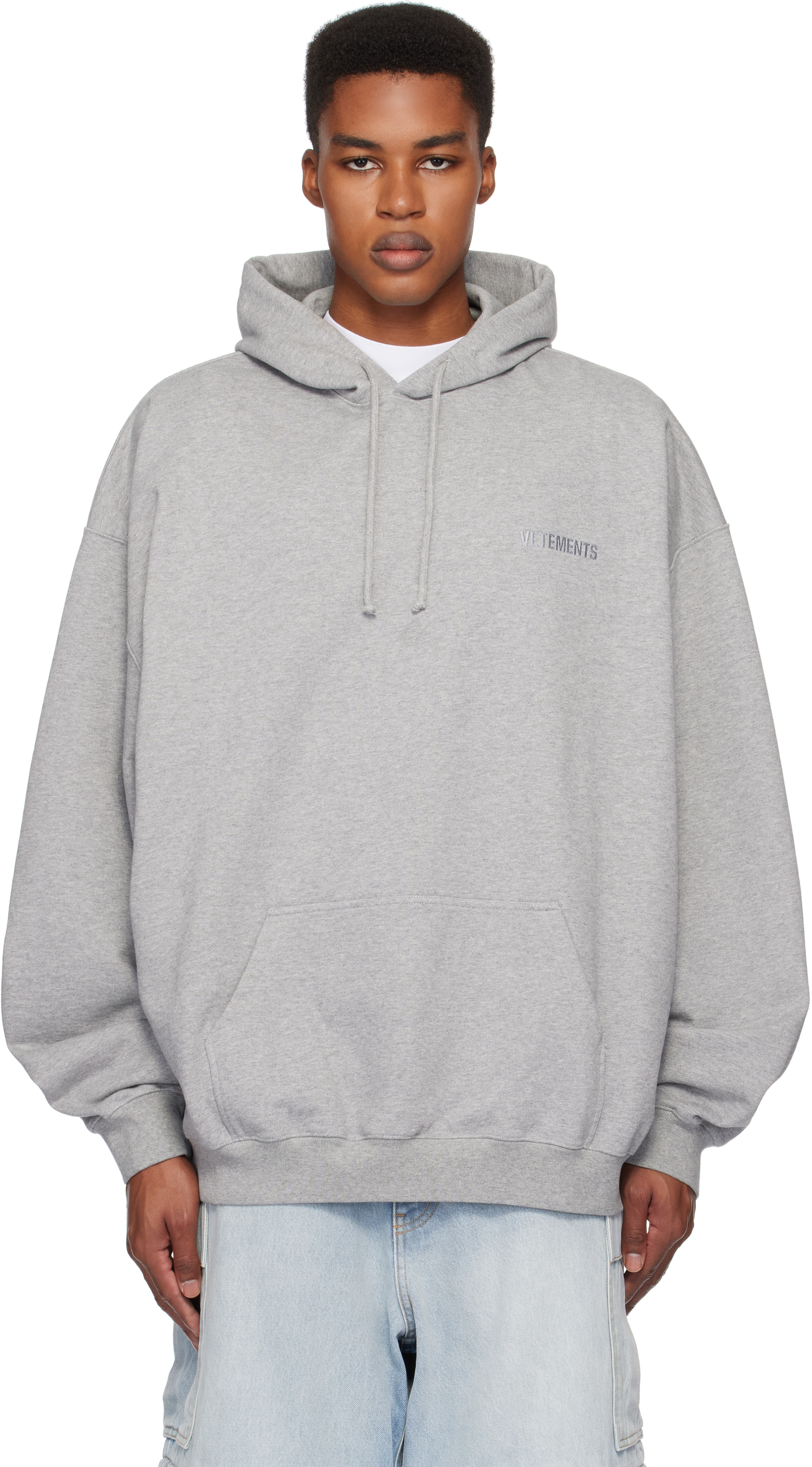 Gray Embroidered Logo Oversized Hoodie