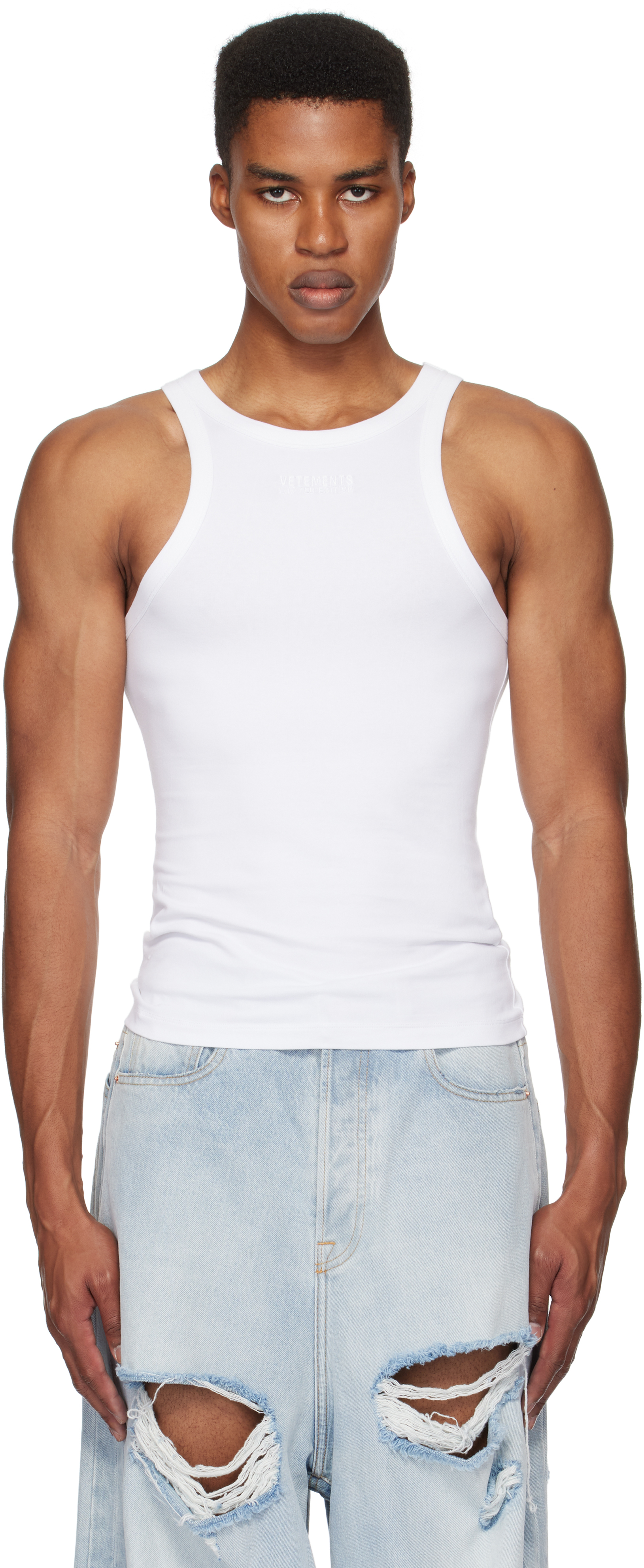 White Embroidered Logo Tank Top