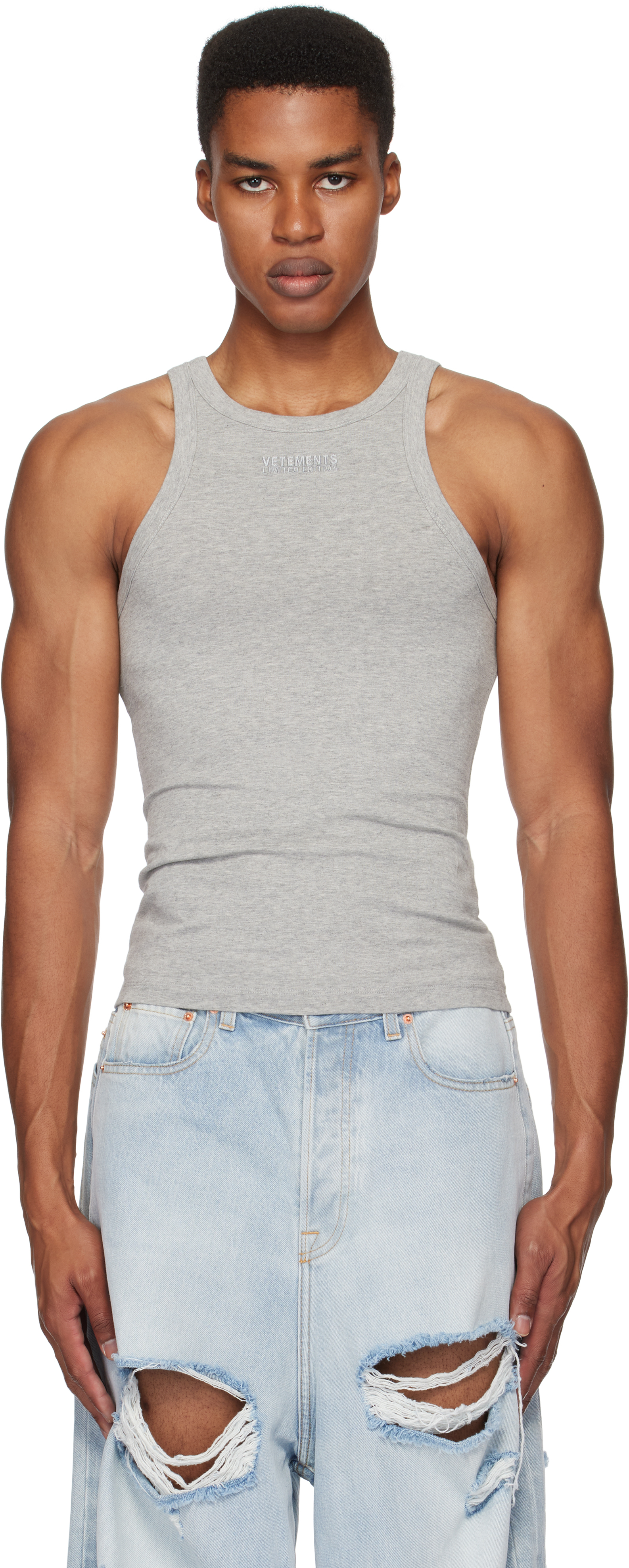 Gray Embroidered Logo Tank Top