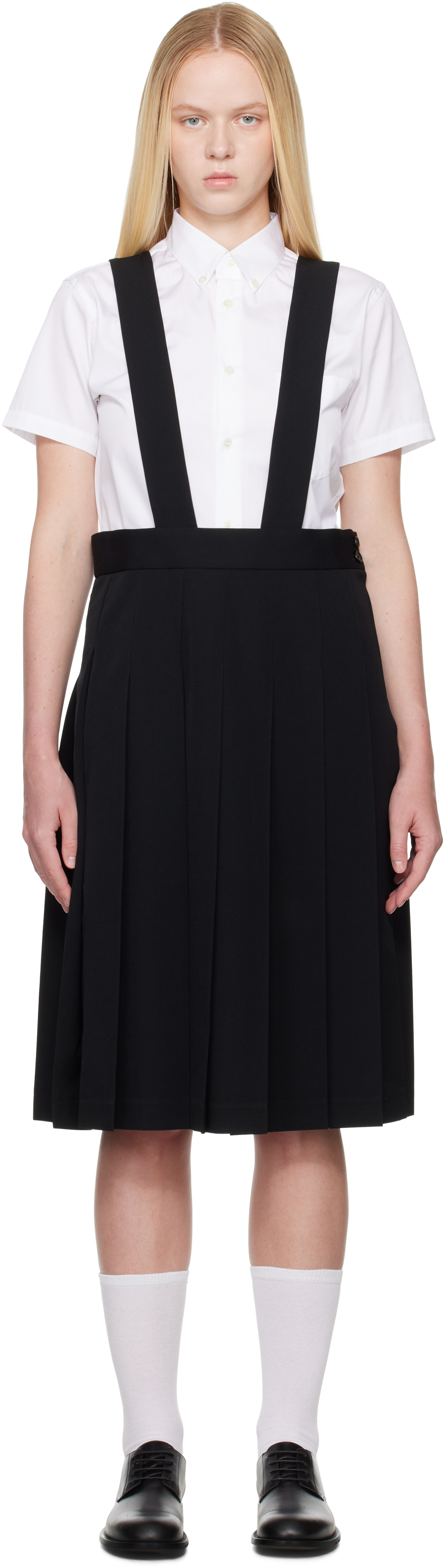 Black Pleated Pinafore Midi Skirt
