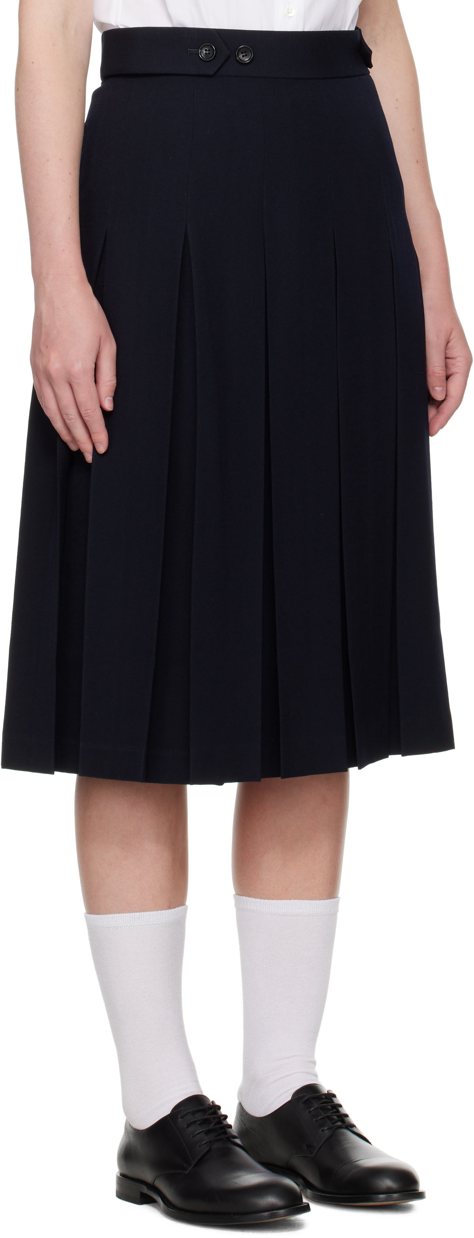 Comme Des Garcons Girl Navy Wool Pleated Waist Button Midi Skirt