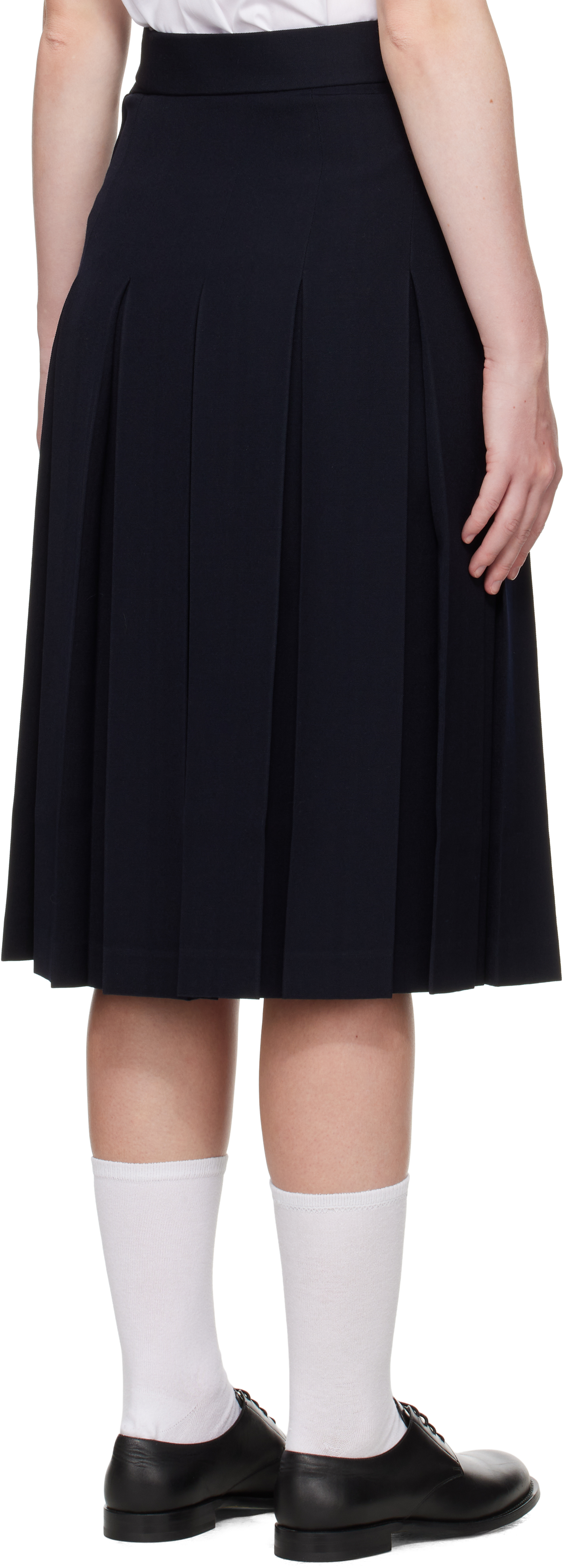 Comme Des Garcons Girl Navy Wool Pleated Waist Button Midi Skirt