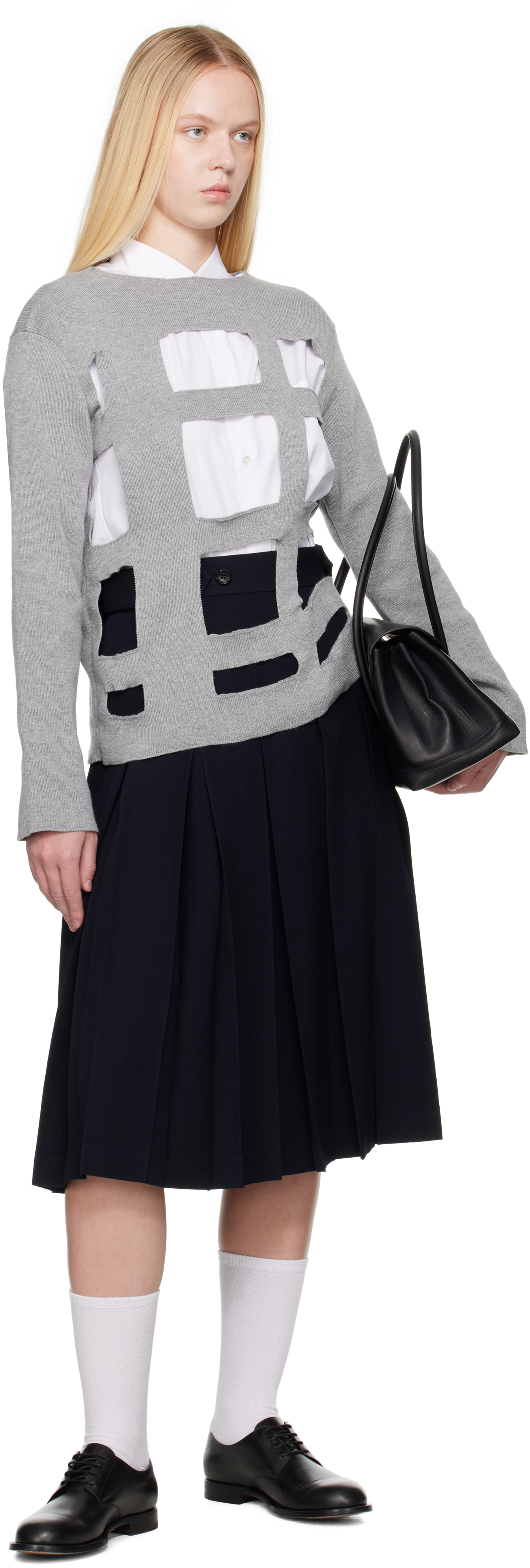 Comme Des Garcons Girl Navy Wool Pleated Waist Button Midi Skirt