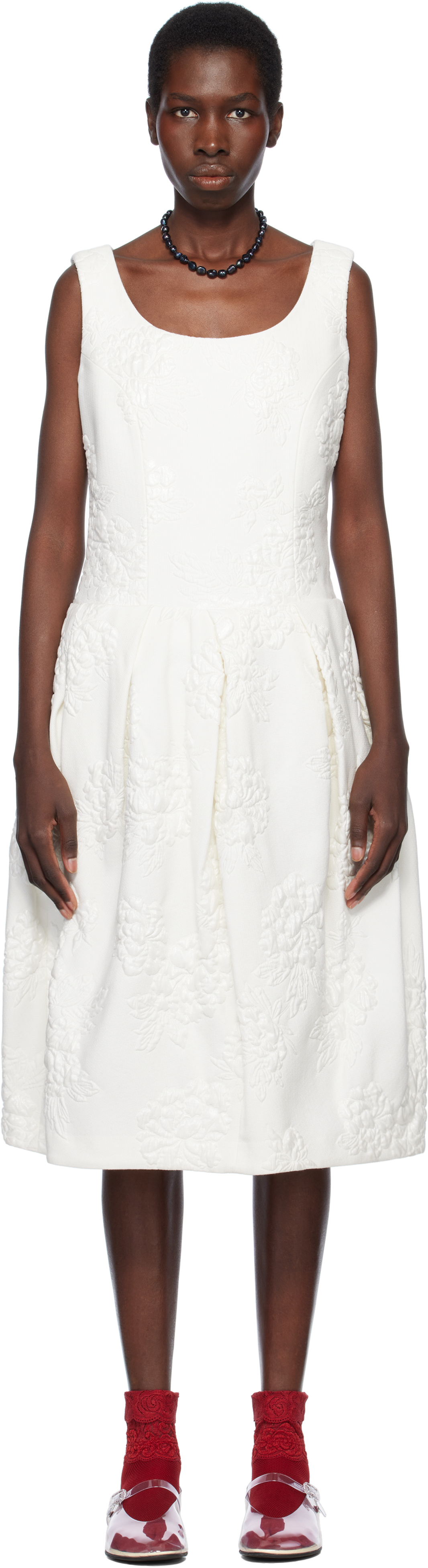 Shop Comme Des Garçons White Floating Jacquard Flower Pattern Midi Dress