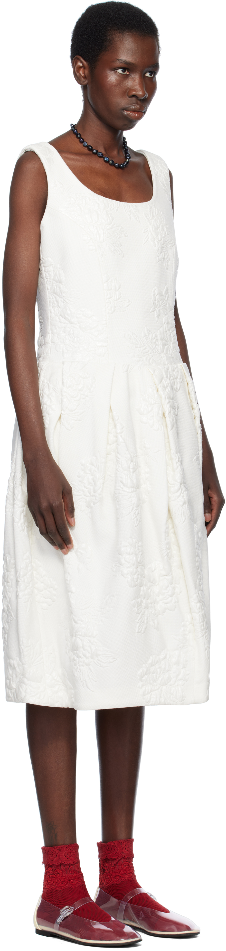Shop Comme Des Garçons White Floating Jacquard Flower Pattern Midi Dress