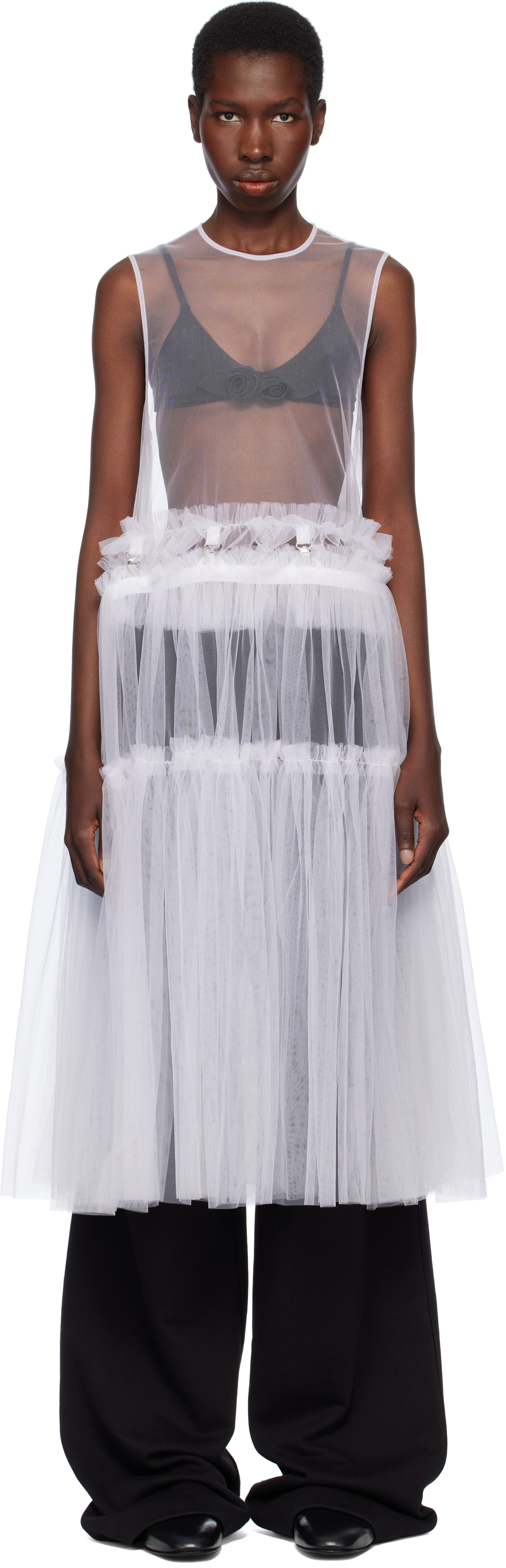 NOIR KEI NINOMIYA WHITE NYLON TULLE MIDI DRESS