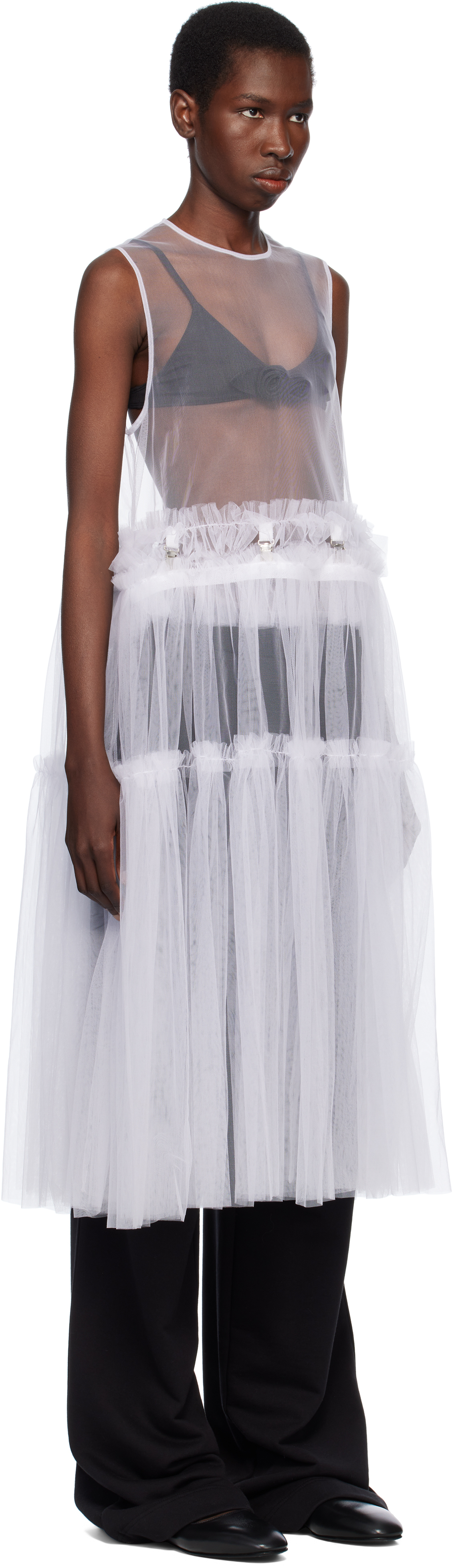 NOIR KEI NINOMIYA WHITE NYLON TULLE MIDI DRESS