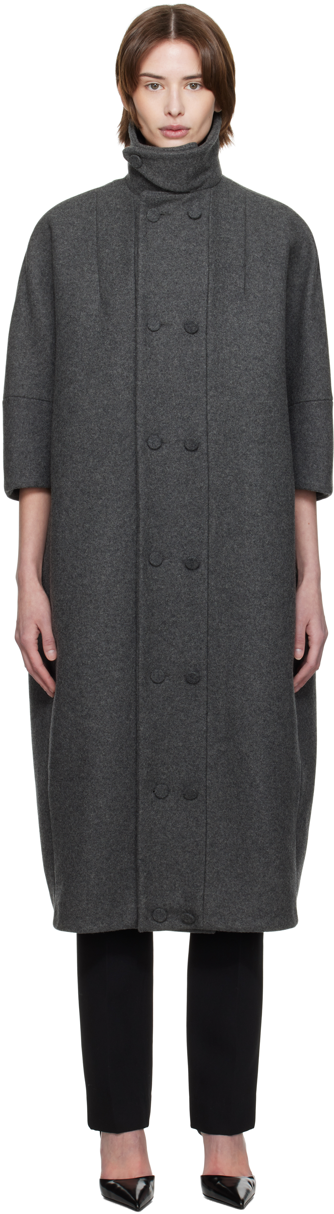 Gray Double Button Cocoon Coat