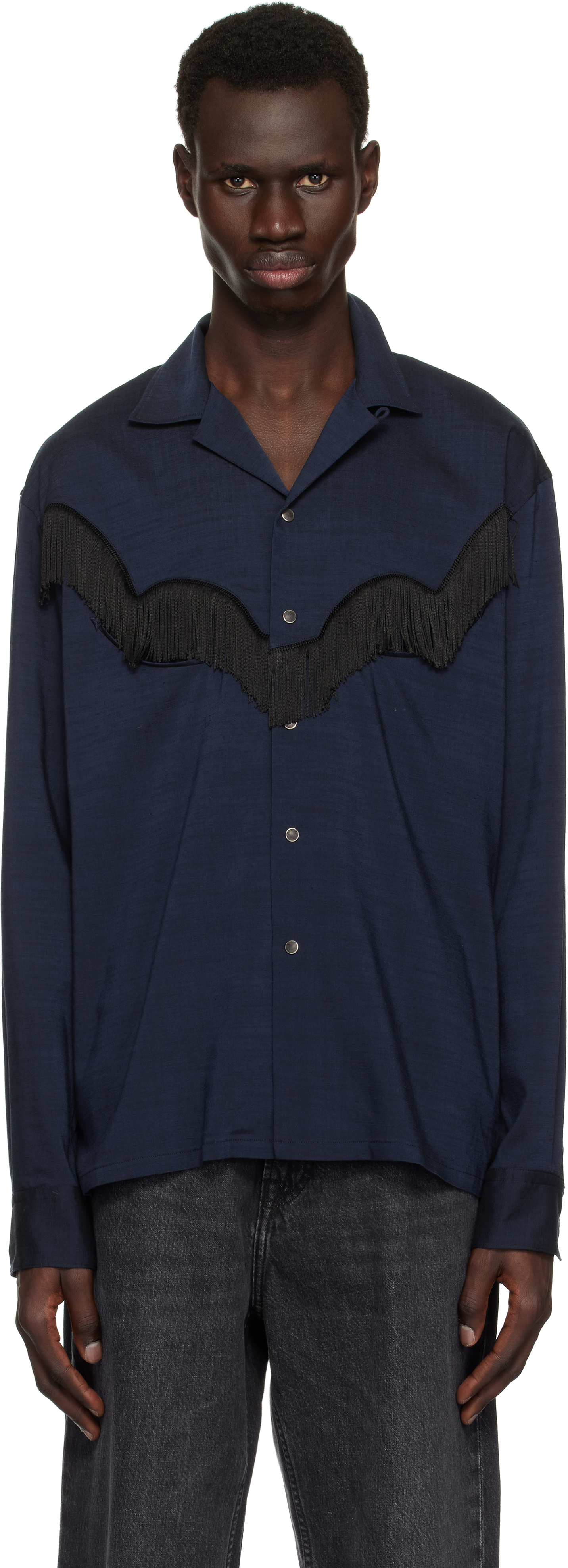 Navy Slab Tropical Fringe Shirt