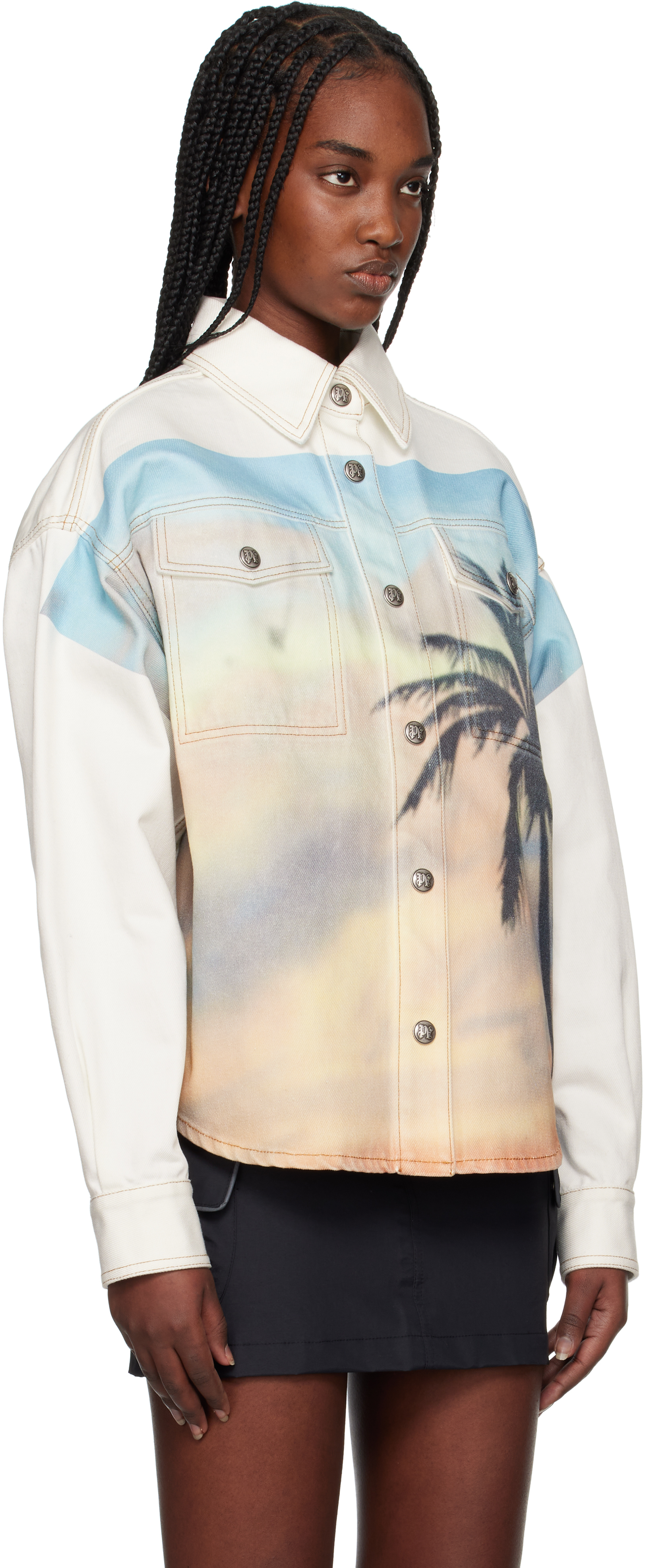 Palm Angels Sunrise Palm Denim Overshirt Off White - In Beige