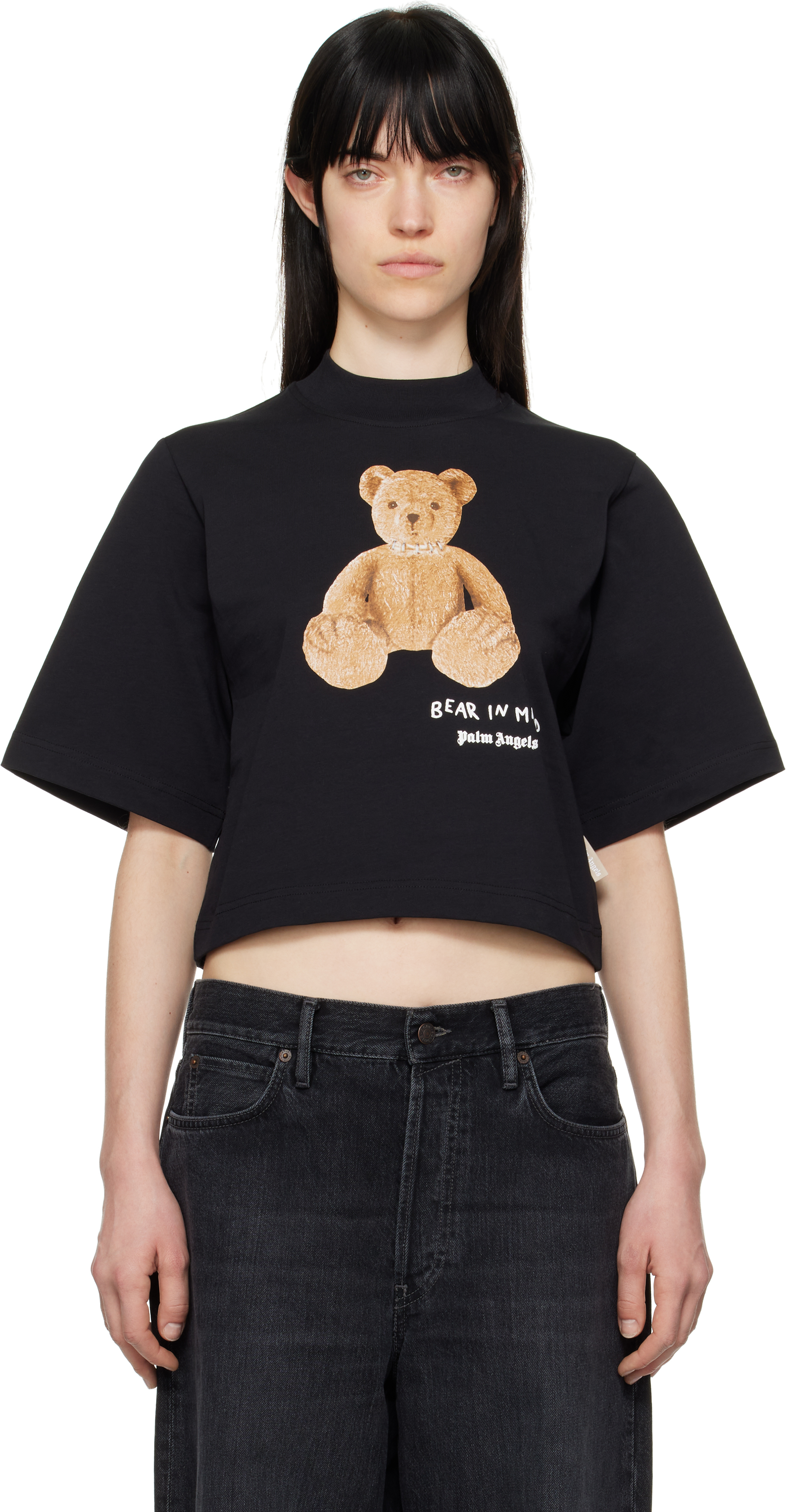 Black 'Bear in Mind' Cropped T-shirt