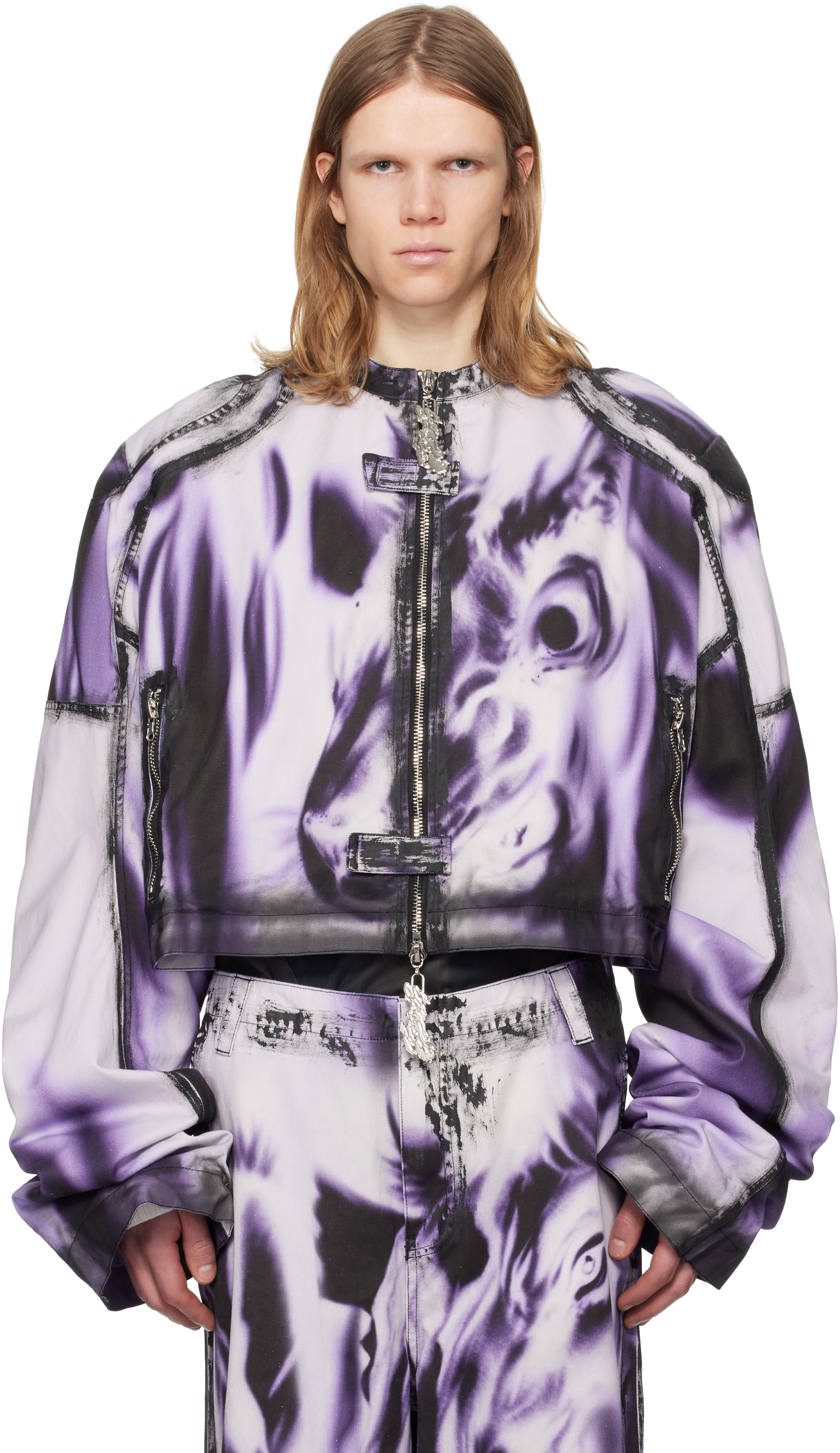 White 
Purple Printed Moto Denim Jacket