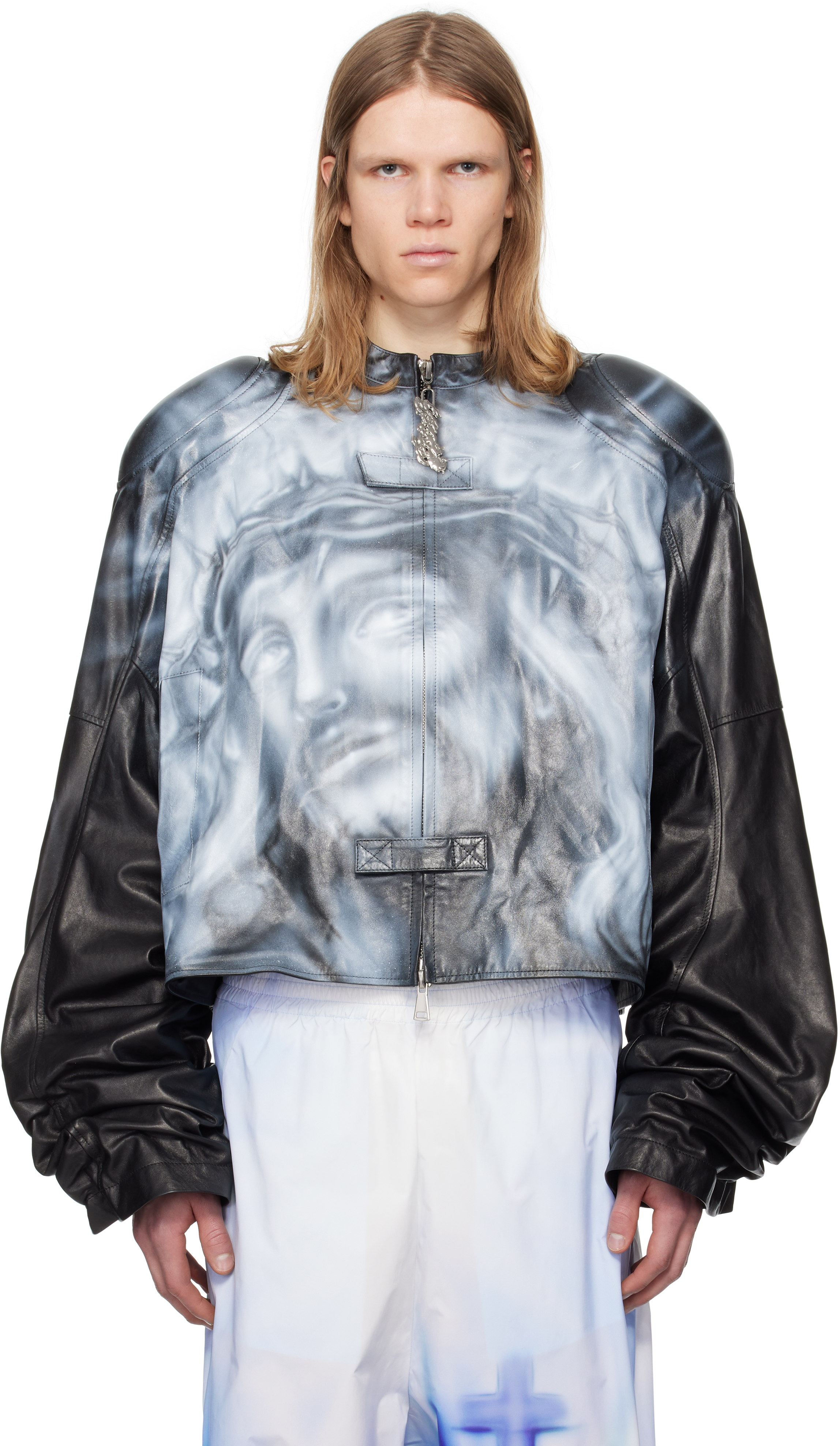 SSENSE Exclusive Black 
Gray Hand-Airbrushed Leather Jacket