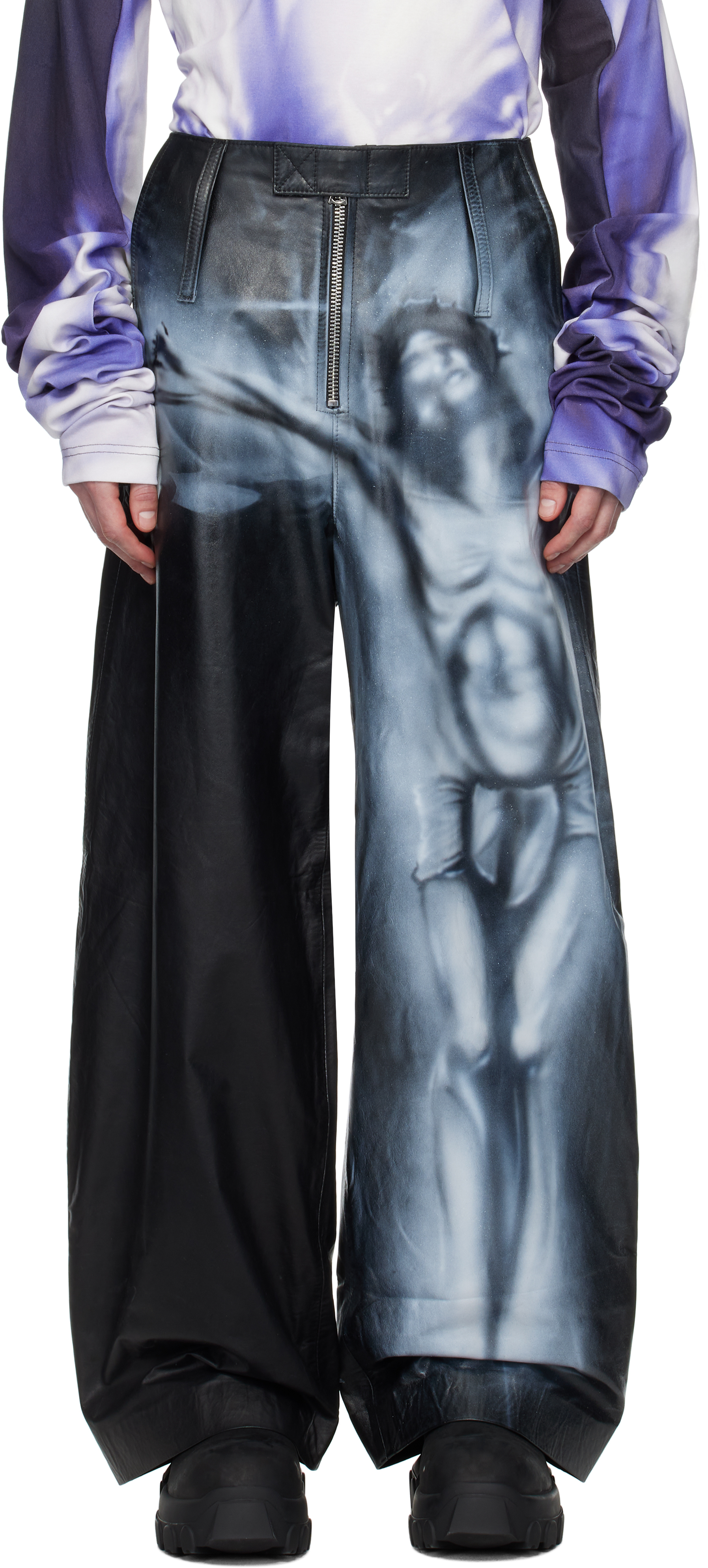 SSENSE Exclusive Black 
Gray Hand-Airbrushed Leather Pants