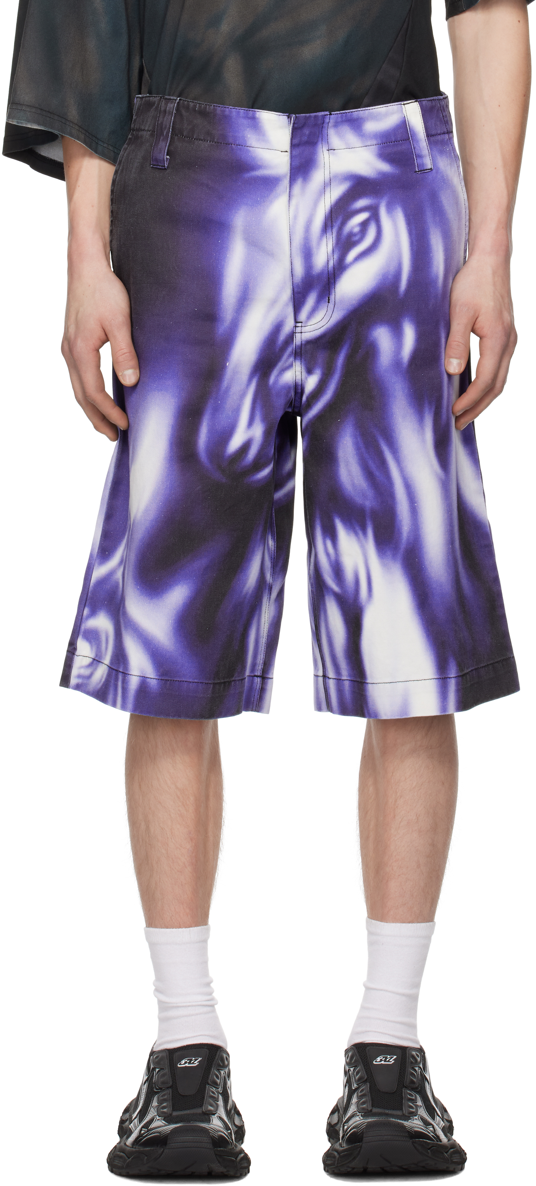 Purple Printed Denim Shorts