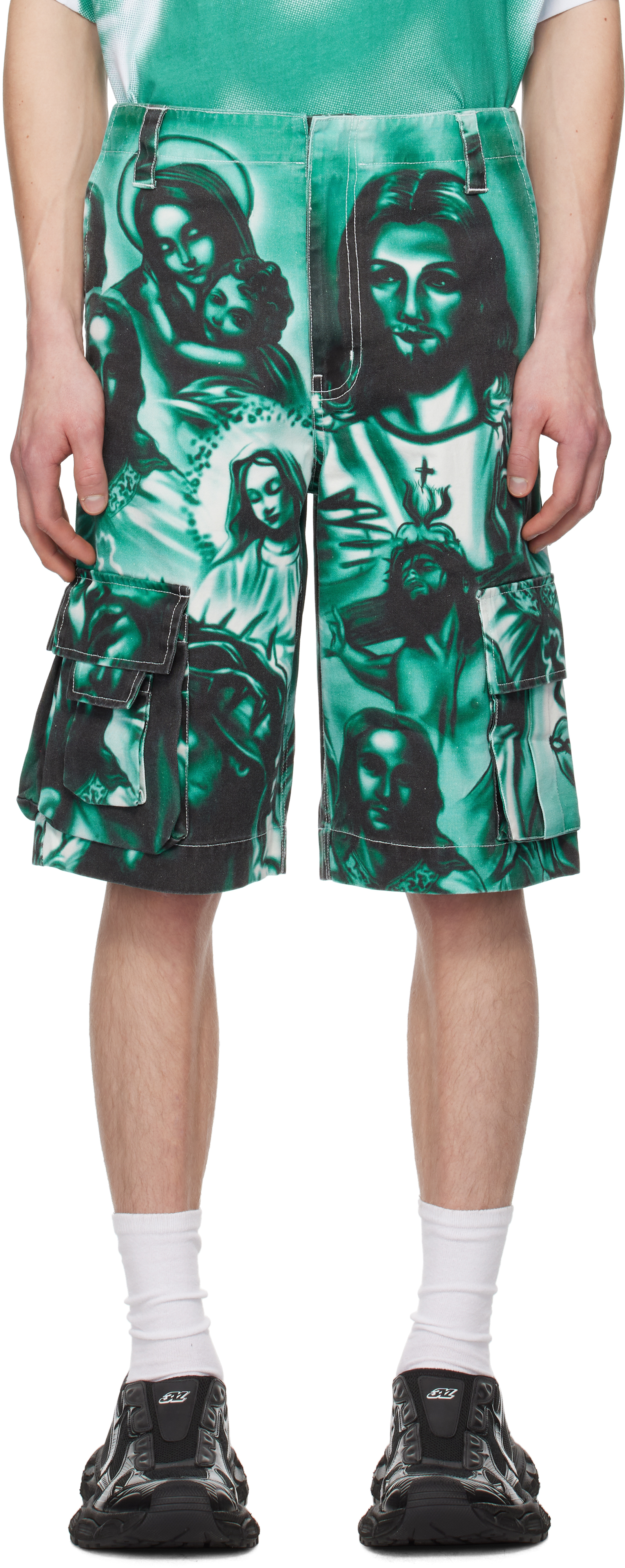 Green Printed Cargo Shorts