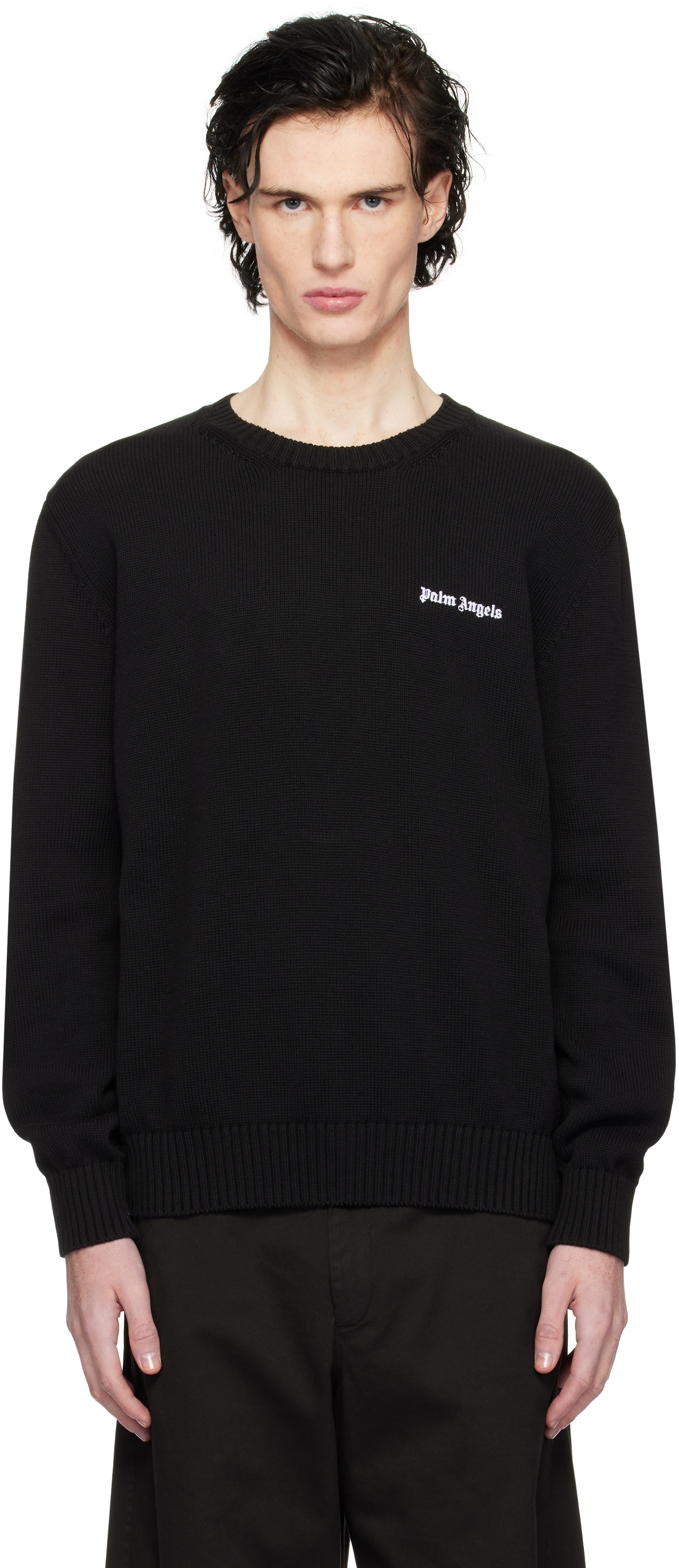 スウェット・トレーナー Palm Angels Logo Embroidered Sweater in Black/White Black Classic Logo Embroidered Sweater by Palm Angels on Sale