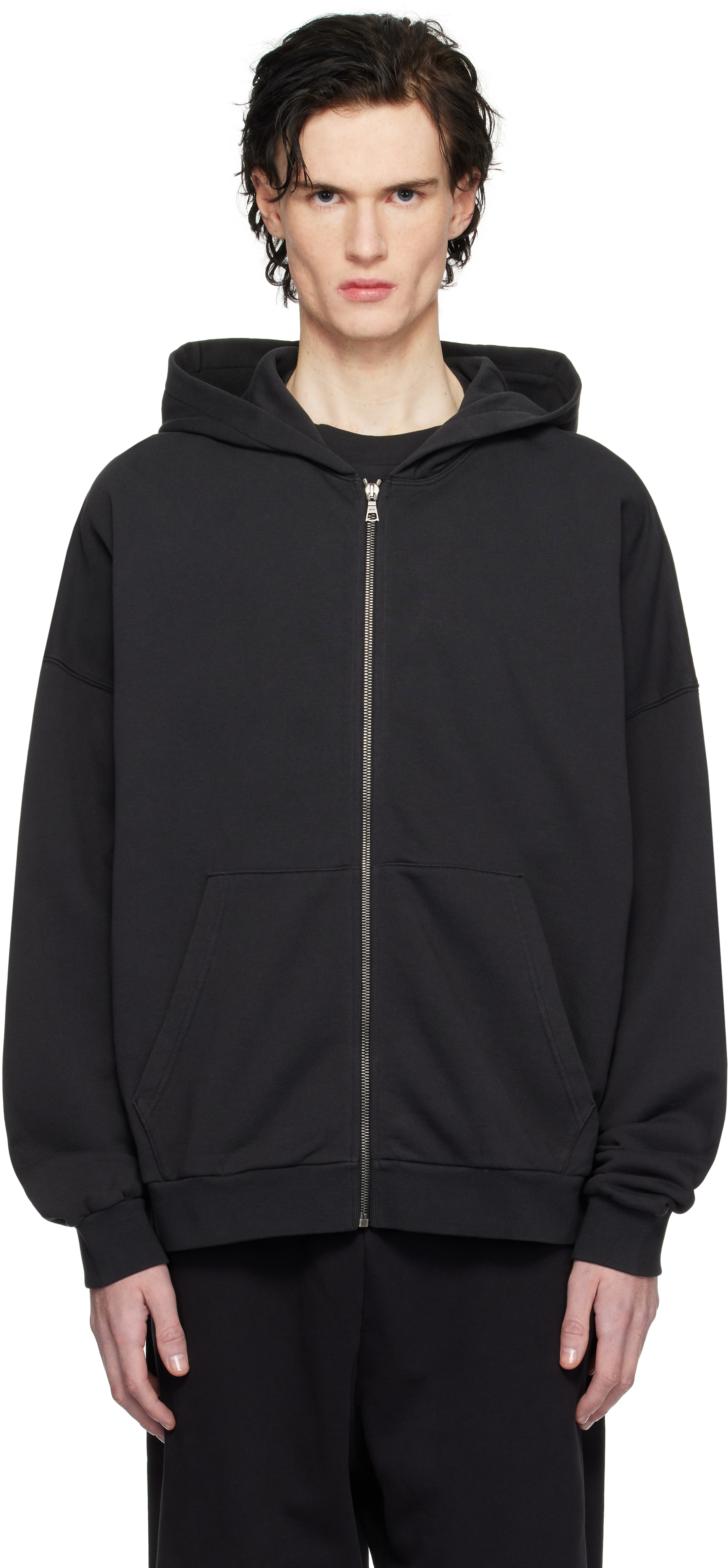 Black Curved Logo Zipped Hoodie