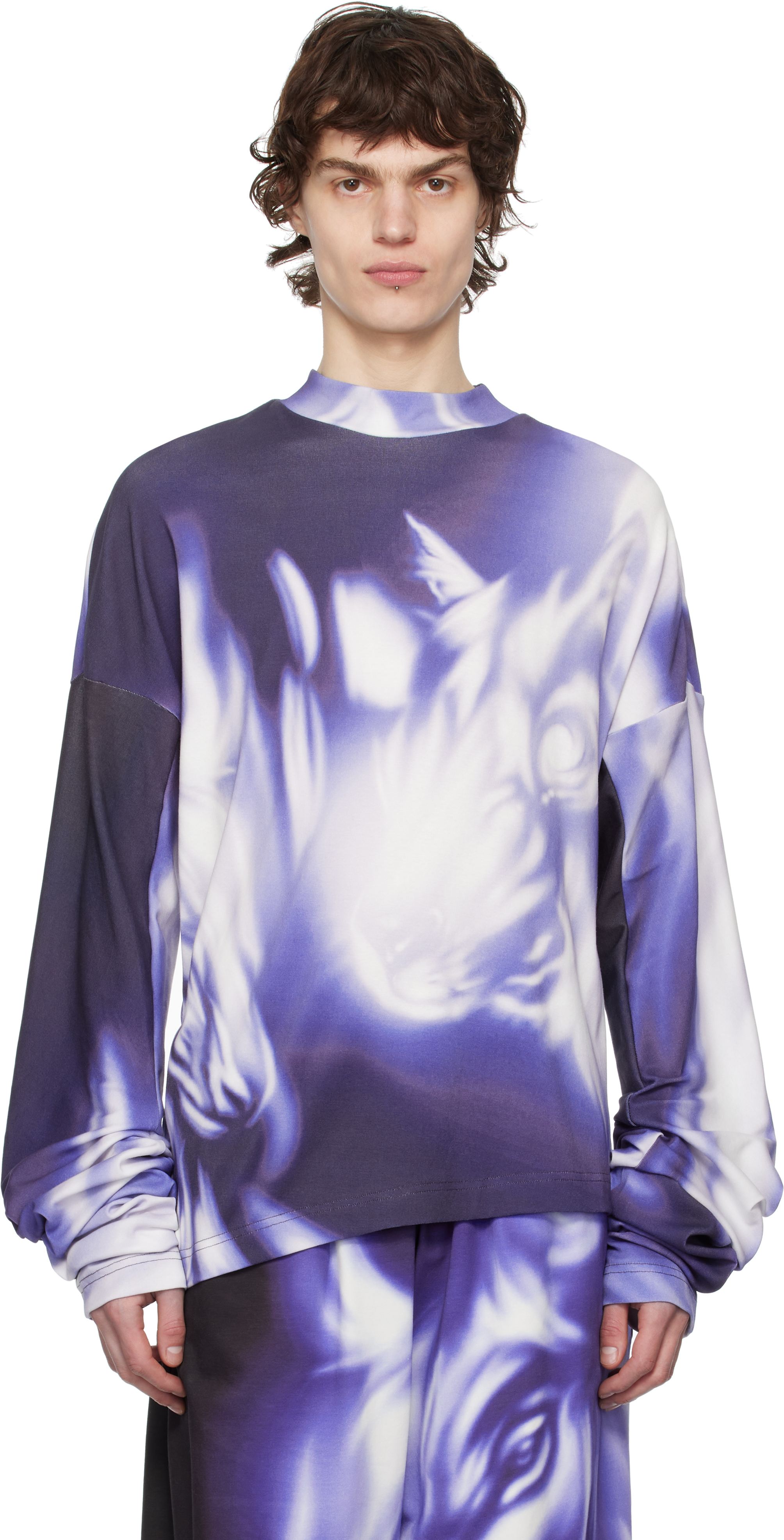 Purple 
White Printed Long Sleeve T-shirt