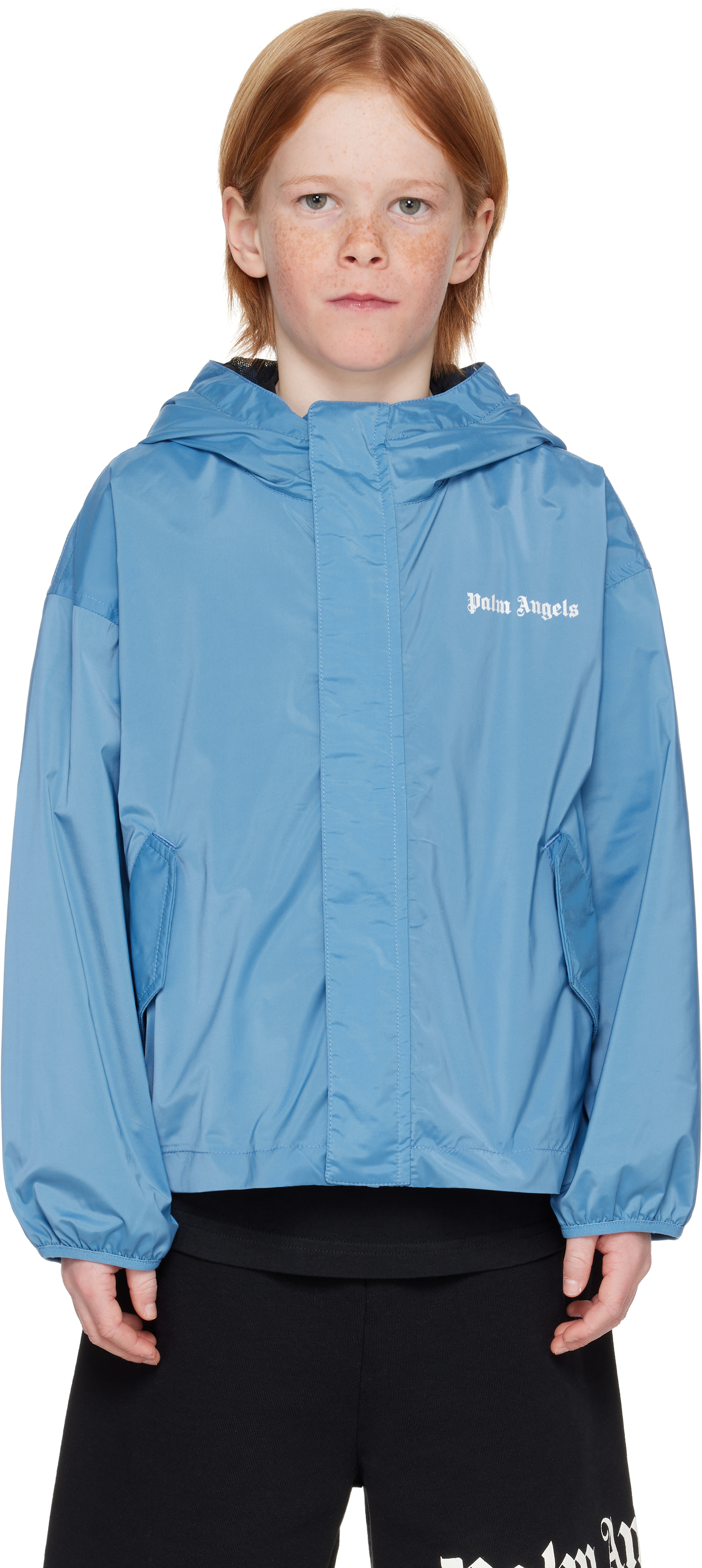 Palm Angels Kids Blue Overlogo Windbreaker Jacket In Dusty Blue Offwhite