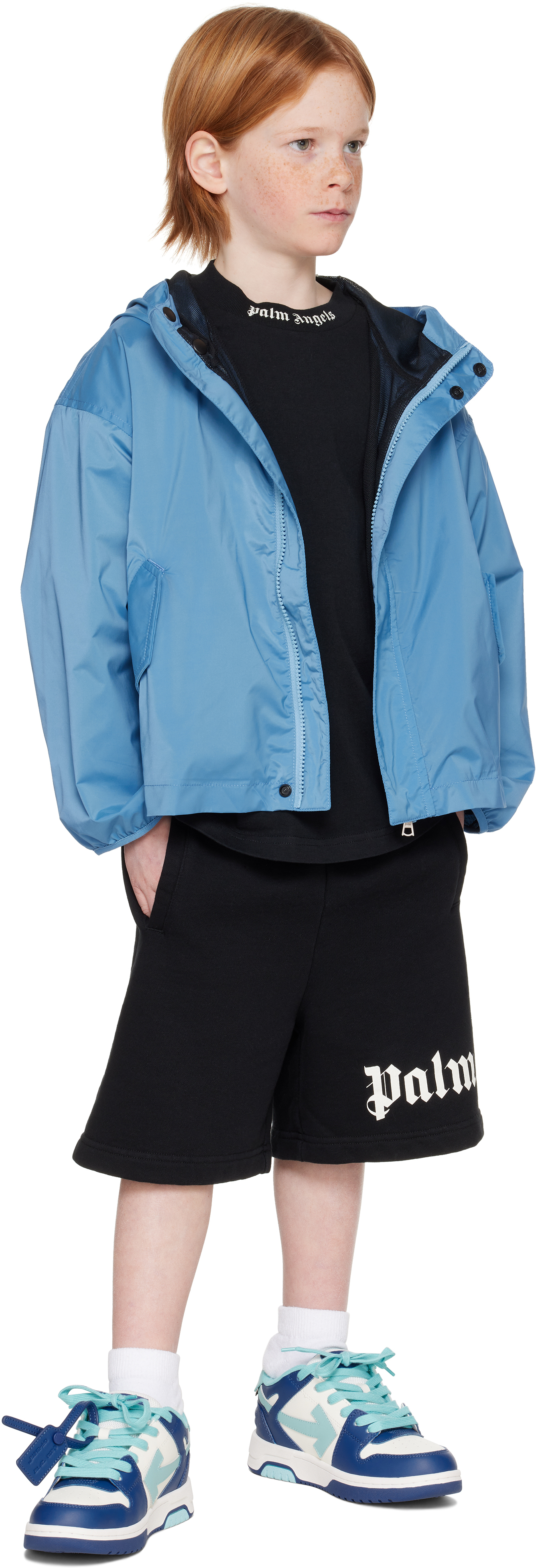Palm Angels Kids Blue Overlogo Windbreaker Jacket In Dusty Blue Offwhite